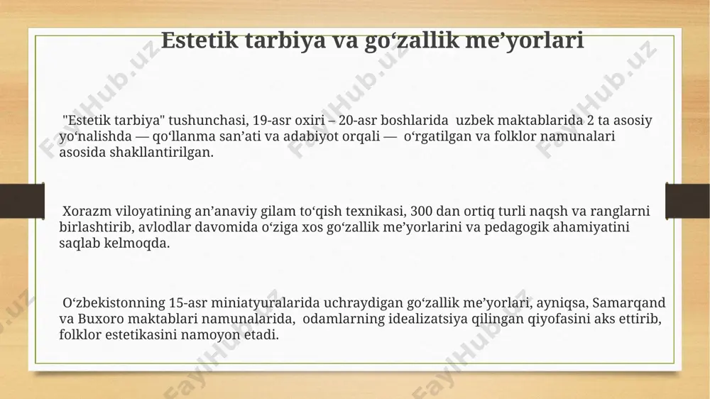 ziyod turdagi sopol buyumlarning bezaklarida, folklor motiflari va ramzlari orqali qadimiy eʼtiqodlar va afsonalar aks etadi. oʻzbekistonning 19-asrga oid xalq qoʻgʻirchoq teatri anʼanalari, masalan, margʻilon va buxoro shaharlarida, folklor obrazlari va hikoyalarini amaliy sanʼat orqali ifodalashning yorqin namunasidir. qoraqalpogʻistonning 5 ta hududida yashovchi qabilalar orasida 100 dan ortiq turli xil gilam toʻqish usullari mavjud boʻlib, ularning naqshlari mahalliy afsonalar va urf-odatlarni aks ettiradi. xalq pedagogikasi va uning ahamiyati xalq pedagogikasi, 1000 yildan ortiq tarixga ega bo'lgan naqqoshlik san'ati orqali, geometrik naqshlar va ramzlar yordamida bolalarga o'zbek madaniyati va tarixi haqida bilimlarni o'rgatishga yordam beradi. o'zbekistonning turli mintaqalarida, masalan, buxoro va xorazmda, xalq pedagogikasi orqali 20 dan ortiq an'anaviy hunarmandchilik turi, jumladan, kulolchilik va to'qimachilik, avloddan-avlodga o'tib kelmoqda. xalq pedagogikasi, 5 yoshdan 15 yoshgacha bo'lgan bolalar uchun samarqand viloyatida qo'llaniladigan an'anaviy hunarmandchilik usullarini o'rgatishda muhim rol o'ynaydi, bu esa ularning ijodkorlik va nozik motorikasini rivojlantirishga yordam beradi. ranglarning ramziy maʼnosi margʻilon …