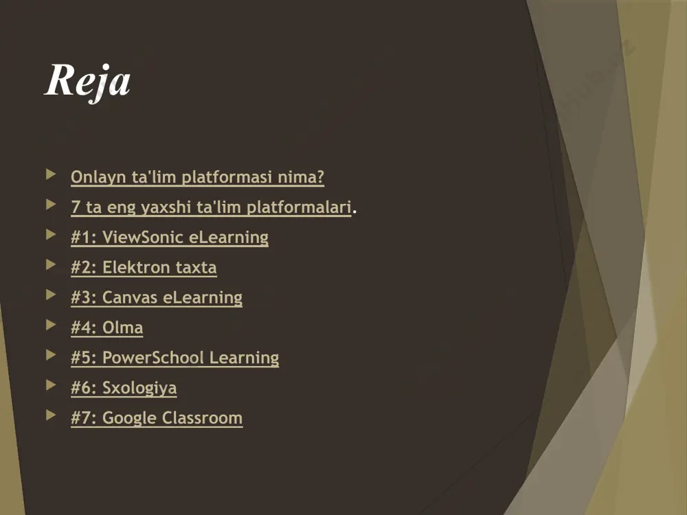ish, hamkorlikni rivojlantirish va fikrlarni vizual tarzda etkazish uchun foydalaniladi. elektron taxta blackboard unite - bu k-12 muhitida masofadan turib o'rganish uchun mo'ljallangan onlayn ta'lim platformasi. blackboard unite-dan foydalanib o'qituvchilar foydalanishda etakchilik qiladilar o'qitish yondashuvi va talabalarning aniq ehtiyojlari asosida shaxsiylashtirilishi mumkin bo'lgan vositalar. ko'plab kollejlar va universitetlar blackboard-dan foydalanadilar, chunki personallashtirish vositalari o'qituvchilar uchun qaysi fanni o'qitishidan qat'i nazar, juda ko'p moslashuvchanlikni yaratadi. canvas elearning canvas - bu o'qituvchilar uchun virtual sinfni ta'minlaydigan keng qamrovli elearning platformasi. tuval - bu bolalar bog'chasidan tortib, o'rta maktab o'quvchilarigacha bo'lgan barcha darajadagi talabalar uchun mashhur platforma. bunga qisman kanvas maktab o'quvchilarining mavjud axborot tizimi bilan integratsiyalashishga ixtisoslashganligi sabab bo'ldi. shu tarzda u turli xil manbalardan ma'lumotlarni katta shov-shuvsiz bir joyga to'plashi mumkin. olma alma - bu imkon beradigan onlayn ta'lim tizimi o'qituvchilar taqvimlar, o'quv dasturlari, ro'yxatlar, darsliklarni tuzish, o'quv rejalari va topshiriqlarini berish talaba va ota-onalar portali orqali. ammo alma nafaqat o'qituvchilar …
