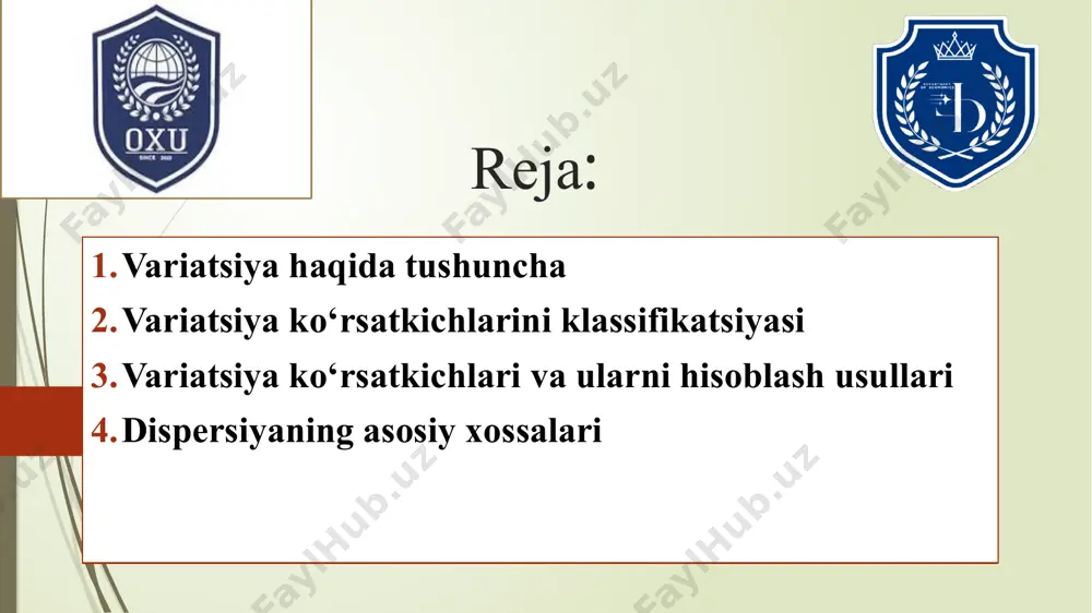 ada variatsiya deganda, o‘zaro qarama-qarshi omillar ta’sirida bo‘lgan, bir turli birlikdan tashkil topgan miqdoriy o‘zgarishlarga tushuniladi. o‘rganilayotgan belgining tasodifiy va surunkali (sistematik) variatsiyalari bo‘lishi mumkin. 2. variatsiya ko‘rsatkichlarining klassifikatsiyasi tasodifiy variatsiyani boshqarib bo‘lmaydi. surunkali variatsiyaga qisman bo‘lsada, ta’sir o‘tkazish mumkin. surunkali variatsiyani tahlil qilish asosida o‘rganilayotgan belgida o‘zgarishni unga ta’sir qiluvchi omillarga qanchalik bog‘liqligini baholash mumkin. masalan, ajratilgan to‘plam birliklari variatsiyasining kuchi va xarakterini o‘rganishda, ular miqdoriy, ayrim vaqtlarda sifat tomondan qanchalik turdosh ekanligini va shu vaqtning o‘zida aniqlangan o‘rtacha ular uchun xarakterli ekanligini statistik baholash mumkin. 3. variatsiya ko‘rsatkichlari va ularni hisoblash usullari statistikada variatsiya quyidagi ko’rsatkichlar yordamida tariflanadi ko’rsatkichlar belgilanishi hisoblash tartibi oddiy qatorlarda vaznli qatorlarda 1) variatsion kenglik r r=x max - x min 2) o’rtacha mutloq tafovut d n x x d е - = ) ( е е - = f f x x d ) ( 3) o’rtacha kvadratik tafovut (dispersiya) s 2 n …