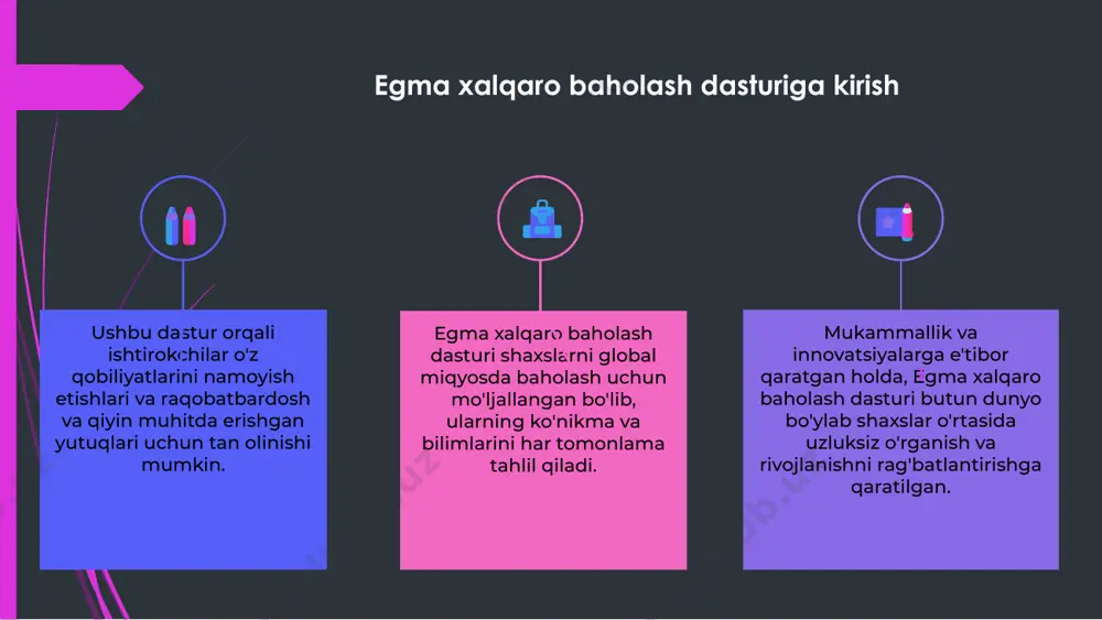 ar qabul qilishlari mumkin, natijada talabalar raqobatbardosh global muhitda muvaffaqiyatga erishish uchun zarur ko'nikmalar bilan ta'minlanadi. egma xalqaro baholash dasturidagi innovatsiyalar 1 2 3 2 egma xalqaro baholash dasturi baholashga innovatsion yondashuvi bilan mashhur. 1 dastur baholash jarayonini yaxshilash uchun yangi texnologiyalar va usullarni kiritishga qaratilgan. 3 u shaxslarning ko'nikma va qobiliyatlarini har tomonlama baholashga qaratilgan. egma xalqaro baholash dasturida qo'llaniladigan baholash usullari egma xalqaro baholash dasturi turli sohalardagi shaxslarning ishlashi va ko'nikmalarini baholashga qaratilgan. 01 dasturda qo'llaniladigan baholash usullari intervyular, yozma testlar va amaliy baholashlarni o'z ichiga oladi. 02 ushbu baholash usullari ishtirokchilarning qobiliyatlarini har tomonlama baholashni ta'minlaydi va yaxshilash uchun qimmatli tushunchalarni beradi. 03 egma xalqaro baholash dasturini amalga oshirishda duch keladigan muammolar egma xalqaro baholash dasturini amalga oshirish o'ziga xos qiyinchiliklar bilan birga keladi. asosiy muammolardan biri dasturning turli mamlakatlarda izchil amalga oshirilishini ta'minlashdir. yana bir qiyinchilik - bu aniq ma'lumotlarni to'plash va qarorlar qabul qilish uchun …