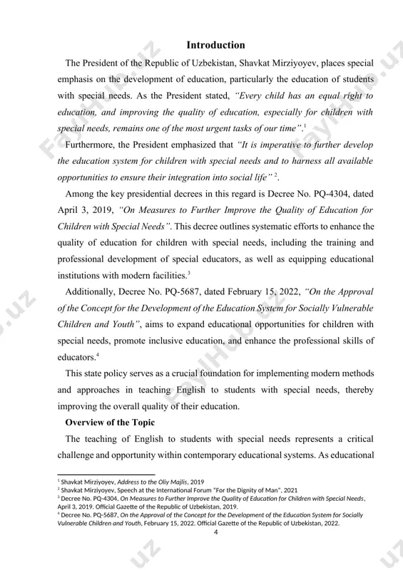 system that ensures the success of students with special needs in acquiring english language skills. additionally, the work will address the ongoing challenges that educators face, such as limited resources, lack of specialized training, and societal attitudes towards disability, and propose solutions to these issues. this diploma work aspires to contribute to the broader discourse on inclusive education by offering both theoretical insights and practical guidance for teaching english to students with special needs. by exploring effective teaching strategies, assessing the impact of inclusive practices, and identifying areas for future research, this study aims to enhance the educational outcomes of students with special needs and promote their full participation in society. relevance of the study the relevance of this study lies in the increasing recognition of the importance of inclusive education in the global educational landscape. over recent decades, there has been a paradigm shift towards integrating students with special …