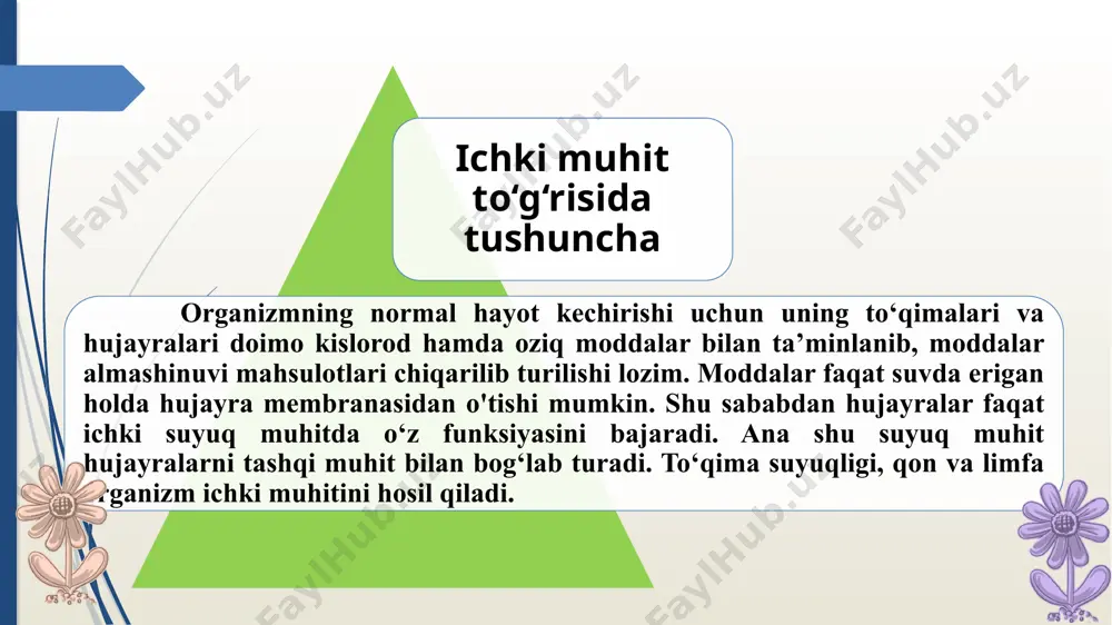 ik bosimi 7,6-8,1 atm. ga teng bo’lsa, uning 60%ini qonda erigan natriy xlorid tashkil etadi. osmotik bosim osmometr yoki krioskop asboblari yor-damida o’lchanadi. qonning osmotik bosimi hujayralar ichidagi va hujayralar tashqarisidagi suyuqliklarda suv va tuzlar almashinuvida muhim rol o’ynaydi. krioskop osmometr qonning osmotik bosimi osh tuzining 0,9% li eritmasi odam va barcha issiqqonli hayvonlar uchun fiziologik eritma bo’lib hisoblanadi. bundan yuqori konsentratsiyali eritmasi qon uchun gipertonik, past konsentratsiyali eritmasi qonga nisbatan gipotonik eritmadir. qonning osmotik bosimi agar qon osh tuzining gipertonik eritmasi bilan aralashtirilsa, eritrositlar ichidagi suv eritmaga o’tadi, chunki eritmaning osmotik bosimi yuqori. buning natijasida eritrositlar hajmi kichrayadi va burishib qoladi. aksincha, qon osh tuzining gipotonik eritmasi bilan aralshtirilsa, eritmadagi suv eritrositlar ichiga kiradi va ular shishib yoriladi. bu hodisa gemoliz deb ataladi. qonning osmotik bosimi qonning osmotik bosimi-ning nisbiy doimiyligi ayirish organlarining (buyraklar va teri) faoliyati orqali boshqariladi. odam ko’proq sho‘r ovqat, tuzli ichimlik iste’mol qilganda, ko‘p terlaganda …