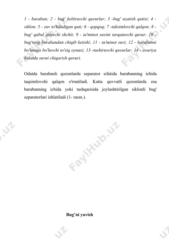 dagidek; 8 - tashqariga o'rnatilgan siklon; 9,10 - tuzli bo'linmaning tushuvchi va buglantiruvchi quvurlari; 11 - bug'-suv aralashmani siklonga berish; 12, 13 -suv va bug' beruvchi quvurlar; 14 - vaqt-vaqti bilan puflash. ushbu misoldan ko'rinib turibdiki, 80% bug' kam tuzli suvdan hosil bo'ladi, shuning uchun bir pog'onali bug'lantirish chizmasiga nisbatan, ikki pog'onali bug'lantirish chizmasiga hosil qilingan bug'ning sifati yuqoriroq bo'ladi. shunday qilib, bug'lantirish pog'onalari qancha ko'p bo'lsa, shunchalik bug' samarali tozalanadi. hozirgi vaqtda qozonlarda asosan ikki, uch pog'onali bug'lantirish chizmasi ishlatiladi. agar ta'minot suvi tarkibida mineral moddalar miqdori katta bo'lsa, unda uch pog'onali bug'lantirish chizmasi ishlatiladi (4 rasm). bu chizmada ifloslangan suv tashqarida o'rnatilgan siklon orqali puflanadi. siklonning diametri 250-400 mm, balandligi esa 3,5-4,5 m. ies siklidan zararli aralashmalarni chiqarish usullari ies dagi bug' generatorlar va turbinalarning ishlash ishonchliligini va tejamliligini ko'tarish uchun, ish quvuridagi zararli aralashmalar miqdorini kamaytirish lozim. har-xil energiya jixozlaridan zararli moddalarni chiqarish uchun quyidagi usullardan foydalaniladi. …