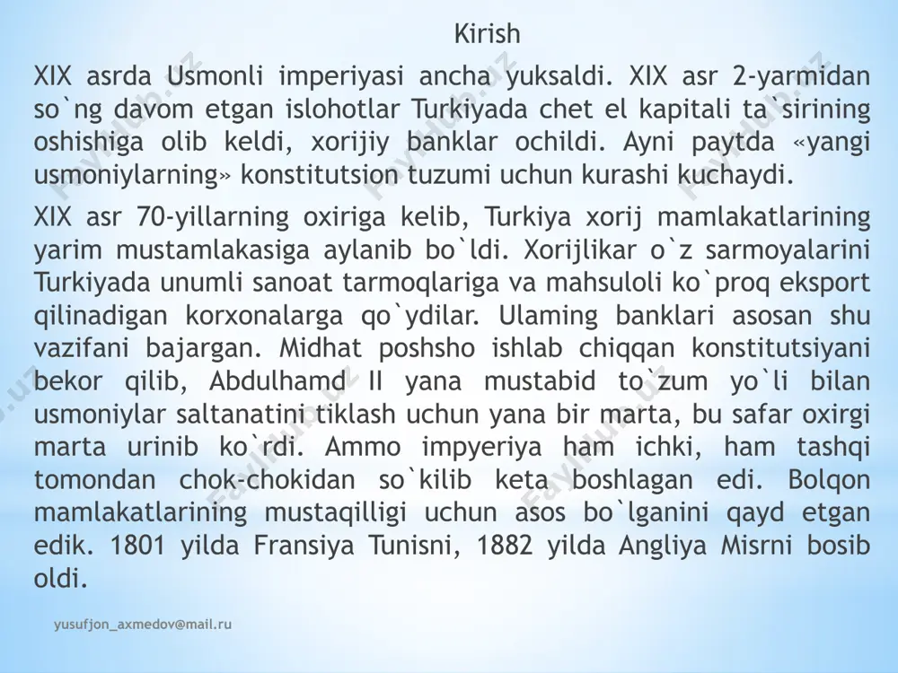 radi, bir qismini qushlar yeb, ketadi, xudo hohlasa menga qoladi». lekin ana shu qolgani ham yer egasi va soliqchiga ketardi. yusufjon_axmedov@mail.ru bu tushkunlik ustiga 1873-1875 yillarda ocharchilik bo`iib, ko`p kishilar qirilib ketdi. shaharliklaming ahvoli ham og`ir edi.eski tartiblar va xorijiy mollarning ko`pligi hunarmandchilikni kasodga uchratdi. sulton o`z foydasini ko`zlab chet eldan qarz olaboshladi. 1870-1874 yillarda 3 mlrd frank qarz olingan. ammo bu bilan mamlakatning moliyaviy ahvoli yanada yomonlashdi. xix asrning 70-yillarida inqiroz boshlandi, norozilik kuchaydi. muhojirlikda bo`lgan yangi usmonlilar faollashdilar. ular chet elda gazetalar chop etib, varaqalar tarqatib, konstitutsion tuzumni va islohotlarni talab qildilar. ularni liberal amaldorlar va ofitserlar` quvvatladilar ularga «ulug` vazir» midxat poshsho ham qo`shildi. ular angliya bilan yaqinlashish tarafdori bo`lib. sulton rejimiga qarshi kurashdilar yusufjon_axmedov@mail.ru xx asr boshlarida turkiya xx asr boshiga kelib, turkiya rivojlangan mamlakatlarning yarim mustamlakasi bo`lib qolavyerdi. xorijiy kapitalistlar zulmi kapitalistik ekspluatatsiya zulmi va abduhamid ii zulmi bilan ulanib ketgan edi. sug`oriladigan yerning 65 …