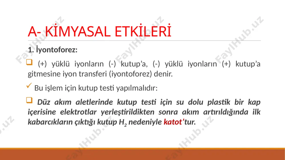 çindir. daha çok ön kol ve eller, dizin altından itibaren bacaklar ve ayaklar için kullanılır. b- fi̇zyoloji̇k etki̇leri̇ bir akımın fizyolojik veya biyolojik etkileri, o akımın sinir, kas, kan dolaşımı ve deri gibi canlı doku üzerindeki etkilerini içerir. vücuttan akım geçtiği zaman iyonlar iki yönde hareket ederler ve iki türlü etki meydana getirirler. bu etkiler; a. i̇nterpolar etkiler: akımın geçtiği yolda meydana gelen etkilerdir ve vazodilatasyona yol açarlar. b. polar etkiler: anot (+) ve katot (-) altında görülen elektrofizyolojik olaylara kutup (polar) etkileri denir. (+) ve (-) kutupta ortaya çıkan fizyolojik etkilere elektrotonus denir. anelektrotonus: sinirin anot ile uyarılması sonucu sinir iletim hızı azalır. katelektrotonus: sinirin katot ile uyarılması sonucu sinir iletim hızı artar. anotta meydana gelen reaksiyonlar o2 açığa çıkar. asit reaksiyonu sert skar dokusu dokularda dehidratasyon vazokonstrüksiyon i̇skemi kanamayı durdurur sedatif etki oluşturur metalleri aşındırır ağrıyı azaltır mavi turnusol kağıdını kırmızıya dönüştürür sinir eksitabilitesini hiperpolarizasyon yoluyla azaltır (anodal …