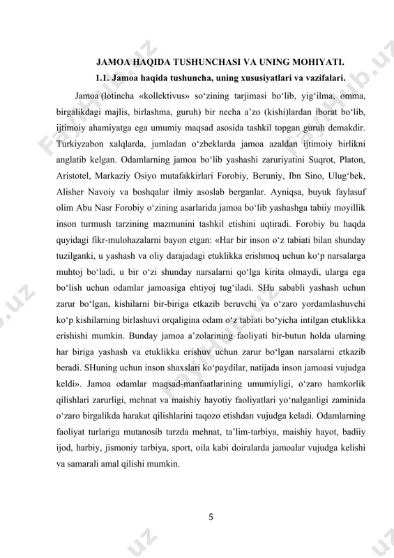 eladi. odamlarning faoliyat turlariga mutanosib tarzda mehnat, ta’lim-tarbiya, maishiy hayot, badiiy ijod, harbiy, jismoniy tarbiya, sport, oila kabi doiralarda jamoalar vujudga kelishi va samarali amal qilishi mumkin. zamonaviy talqinda «jamoa» tushunchasi ikki xil ma’noda ishlatiladi. birinchidan, jamoa deganda bir necha kishilarning muayyan maqsad yo‘lida birlashuvidan iborat tashkiliy guruhi tushuniladi (masalan ishlab chiqarish jamoasi, zavod jamoasi, o‘quv yurti jamoasi, xo‘jalik jamosi va hokazo). ikkinchidan, jamoa deganda yuqori darajada uyushtirilgan guruh tushuniladi. chunonchi, o‘quvchilar jamoasi yuqori darajada uyushtirilgan birlashma hisoblanadi. jamoaning rivojlanishi – jamoa hayotining qonunidir. xoʻsh, bolalar jamoasining olgʻa harakat qilib borishiga nima yordam beradi? uning rivojlanishiga nima imkon beradi? bunday kuch istiqboldir. hayot shuni koʻrsatadiki, kishining kelajakka umid va ishonch bilan intilishi, hayotiy istiqbolini yurtimizning taqdiri bilan bogʻlab, mustaqil diyorimizning bugungi jamiyat sharoitida ma’naviy va ma’rifiy qiyofasini yaratishda hissa qoʻshgan kishi va jamoa tobora shakllanib, rivojlanib boradi. bu intilish va hayotiy istiqbolda kishining ma’naviy va madaniy extiyojlarining jami, uning rivojlanganlik …