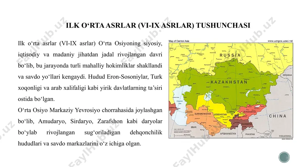 hududlar dastlab mahalliy hokimiyatlar tomonidan boshqarilgan bo‘lib, keyinchalik sosoniylar va turk xoqonligi ta’siriga tushgan. buxoro va samarqand savdo-sotiqning markazi bo‘lib, buyuk ipak yo‘li orqali xitoy, hindiston, fors va vizantiya bilan savdo aloqalarini rivojlantirdi. hunarmandchilik, ipakchilik va kulolchilik kabi sohalar yuksaldi, shaharlarning iqtisodiy jihatdan mustahkamlanishiga zamin yaratildi. me’morchilikda ilk o‘rta asrlarda mudofaa inshootlari, shahar devorlari va diniy binolar qurilishi rivojlandi. ayniqsa, zardushtiylik ibodatxonalari va ilk islomiy me’moriy namunalari bu davrda paydo bo‘lib, kelajakdagi yirik me’moriy obidalarning asosini yaratdi. choch va farg‘ona vodiysi ilk o‘rta asrlarda choch (hozirgi toshkent hududi) va farg‘ona vodiysi o‘rta osiyoning muhim iqtisodiy va madaniy markazlaridan biri bo‘lib, savdo, hunarmandchilik va dehqonchilik rivojlangan hududlar edi. choch buyuk ipak yo‘lining muhim tugunlaridan biri bo‘lib, sharq va g‘arb o‘rtasidagi savdo aloqalarida katta rol o‘ynagan. shaharda tangachilik rivojlangan bo‘lib, bu uning iqtisodiy mustaqilligini ifodalagan. choch o‘zining mustaqil siyosatini olib borgan bo‘lsa-da, sosoniylar, turk xoqonligi va arablar tomonidan bosib olingan davrlari bo‘lgan. …