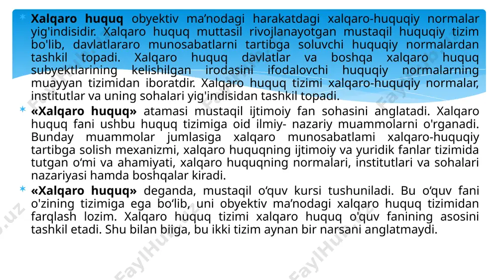 ngiz, antarktika) dagi faoliyati milliy huquq asosida tartibga solinadi, tabiiyki, bunda xalqaro huquq doirasidagi qoidalar ham inobatga olinadi. 5§. xalqaro huquqning funksiyalari xalqaro huquq yana boshqa qator funksiyalami ham bajaradi: muvofiqlashtirish funksiyasi — xalqaro huquqning normalari ko'magida davlatlar o'zaro munosabatlarda xulqning umume’tirof etilgan andozalarini belgilaydi; tartibga solish funksiyasi — davlatlar xulqning qat’iy belgilangan qoidalarini qabul qiladilarki, bunday qoidalarsiz ana shu davlatlaming birga mavjud bo'lishi va hamjihatlikda faoliyat ko'rsatishi mumkin emas; ta’min etish funksiyasi — xalqaro huquq davlatlami xulqning belgilangan qoidalariga amal qilishga undovchi normalarga ega; muhofazalash funksiyasi — xalqaro huquqda davlatlaming qonuniy huquq va manfaatlarini himoyalashga qaratilgan mexanizmlar shakllangan. 6§. xalqaro huquqning ahamiyati xxi asr boshida xalqaro huquq ijtimoiy hayotning barcha jabhalarida alohida ahamiyat kasb etadi. shu bois, turli sohalarda xalqaro hu­quq qanday ahamiyatga ega ekanligini qisqacha ko'rib chiqamiz. davlatlararo tizim va xalqaro huquq. xalqaro huquq — davlatlararo tizimda amaldagi huquqning alohida mustaqil tizimi. avvalambor, xalqaro huquq davlatlararo munosabatlarni tartibga …