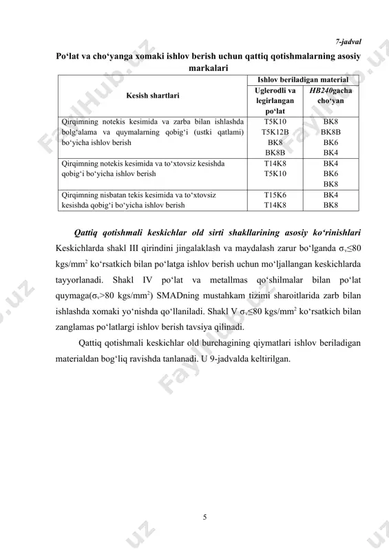 tta kesimida qabul qilinadi. 73rasm. qo‘shimcha kesuvchi qirrasiz (a) va qo‘shimcha kesuvchi qirrali (b) o‘tuvchi keskichlar xomaki va yarim toza ishlov berish uchun qattiq qotishmali o‘tuvchi keskichlar ham qo‘shimcha kesuvchi qirrasiz (73rasm, a), ham qo‘shimcha kesuvchi qirra bilan (73rasm, b) tayyorlanadi. qo‘shimcha kesuvchi qirrali keskichlar, sirtning juda yaxshi g‘adirbudurligini ta’minlagan holda, yo‘nishni katta uzatishlar bilan o‘tkazish imkonini beradi. · tezkesar keskichlar old burchaklarining shakli, burchaklari va boshqa elementlari. ushbu keskichlar old burchaklarining shakli ishlov beriladigan material, uzatish va 10jadval bo‘yicha ba’zi boshqa shartlardan bog‘liq ravishda hamda quyida keltirilgan umumiy mulohazalar bilan mos ravishda tanlanadi. keskichlarda old sirt shakl i bo‘yicha po‘latga, shuningdek cho‘yan, bronza va boshqa mo‘rt materiallarga ishlov berish uchun tayyorlanadi. shakl ii bo‘yicha keskichlarning old sirtini po‘latga σv ≤ 80 kgs/mm2 bilan, qirindini eshish zarur bo‘lganda yengilqotishmalarga va qovushqoq rangli metallarga ishlov berish uchun tayyorlash kerak. po‘latga ishlov berish uchun ko‘rib chiqilayotgan keskichlarning old burchagi 20–25º ga teng, …