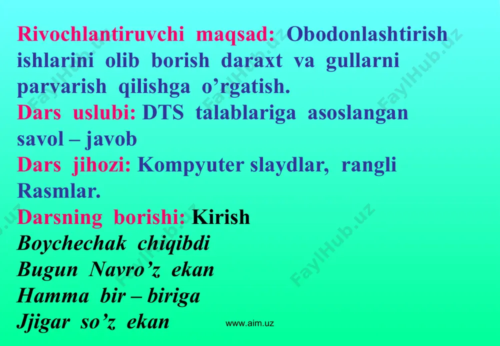 ish www.aim.uz www.aim.uz varrak uchirish arqon tortish chillak o’yini kurash tushish arg’imchoq uchish www.aim.uz www.aim.uz uyga vazifa 1.navro’z qachon kirib keladi. 2.navro’z qanday bayram? 3.bahorda tabiatda qanday o’zgarishlar ro’y beradi. www.aim.uz www.aim.uz