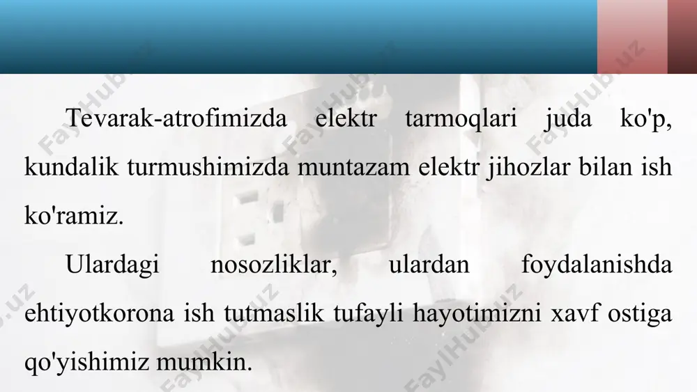 devor ichidan o'tgan bo'ladi. biror zarurat yuzasidan devorga mix qoqilayotgan paytda shu joydan elektr simi o'tmaganligiga ishonch hosil qilish kerak. 3. xonadondagi rozetkalarda va elektr lampochka patronlarida doimo kuchlanish bo'ladi. rozetka teshigiga yoki lampochkasiz patron ichiga metall buyumni tiqish man qilinadi. kichik yoshdagi bolalar bo'lgan uylarda rozetkaga plastmassali maxsus moslama tiqib qo'yish maqsadga muvofiqdir. 4. umumiy elektr tarmog'ida tok o'chib qolgan paytda, xonadon elektr zan­jirining shikastlangan joyini ta'mirlashdan oldin albatta tarmoqdan uzish lozim. 5. ba'zi hollarda umumiy tarmoqning faqat bitta fazasida kuchlanish bo'l-masligi, ikkinchi fazasida kuchlanish paydo bo'lishi mumkin. elektr lampochka yonmayotganini ko'rib, simning ochiq joyini ta'mirlash ham mumkin emas. aks holda, tok odam tanasi orqali yerga o'tadi va uni tok urib, jarohatlaydi. xonadon elektr zanjiridagi shikastlangan joyni ta'mirlashda tarmoqda elektr kuchlanishi bo'lishi yoki bo'lmasligidan qat'i nazar hisoblagichdagi ikkala patrondan saqlagichlarni olib qo'yish zarur yoki avtomat vkluchatellari uzilishi zarur! ba'zi hollarda simning tokli bitta fazasi ushlab turilsa ham, tok urmasligi …