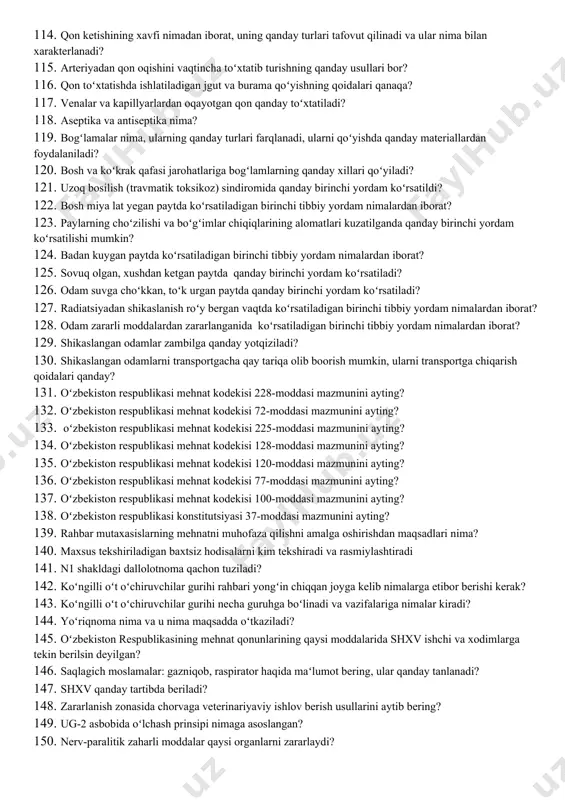 a vaziyatlar tasnifini aytib bering? 80. texnosfera tushunchasining mohiyatini tushuntirib bering? 81. xavflarning mohiyatini va mazmunini tushuntiring? 82. aqliy mehnat turning mohiyatini tushuntirib bering? 83. inson ishlash qobilyatining pasayishini qanday tushunasiz? 84. monotoniya tushunchasiga tarif bering? 85. ishlab chiqarishda moʻtadil ob-havo sharoiti qanday yaratiladi? 86. ishlab chiqarishda changlar deganda nimalar tushuniladi? 87. pnevmokonioz qanday kasallik? 88. ishlab chiqarishda changlarga qarshi qanday tadbirlar qoʻllaniladi? 89. ishlab chiqarish gigiyenasi nimalarni oʻrganadi? 90. mehnatni muhofaza qilish qaysi manbalarda koʻrsatilgan? 91. mehnat xavfsizligi tartib-qoidalarini buzgan shaxslarga qanday javobgarliklar belgilanadi? 92. yer silkinishi turlari va kelib chiqish sabablari nimadan iborat? 93. yer silkinish oʻchogʻida qilinadigan eng asosiy vazifalar nimalardan iborat? 94. suv toshqiniga sabab boʻladigan omillar nimalardan iborat? 95. suv toshqiniga qarshi qanday chora-tadbirlar qoʻllaniladi ? 96. sel hodisasining yuzaga kelishiga qanday omillar sabab boʻladi? 97. sel ofatiga qarshi qanday chora-tadbirlar qoʻllaniladi? 98. himoya inshootlarining bir-biridan farqi va ularning himoyalash darajalari qanday? 99. evakuatsiya omilining …