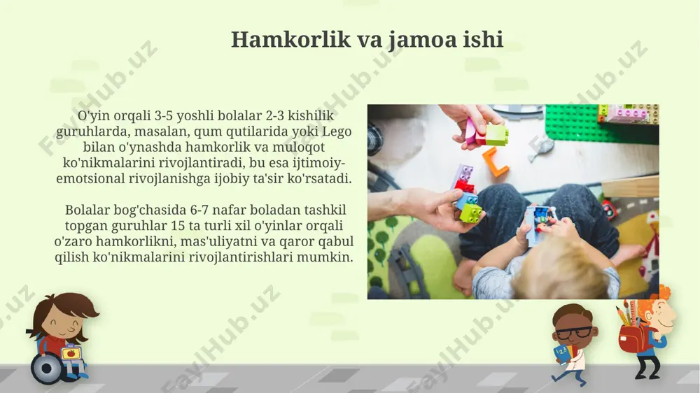 ntal guruhlarda oʻtkazilgan tadqiqotlar natijalariga koʻra, ijodkorlik va tasavvur rivojlanishida oʻyinlarning hissasi 35% dan yuqori boʻlib, bolalarning 7 yoshga kelib yangi gʻoyalarni yaratish va muammolarni hal qilish qobiliyatini sezilarli darajada oshiradi. oʻzbekistonning turli hududlaridagi 100 dan ortiq maktabgacha ta'lim muassasalarida oʻtkazilgan kuzatuvlar shuni koʻrsatdiki, ijtimoiy-emotsional rivojlanishda oʻyinlarning ta'siri 40% ga yaqin boʻlib, bolalarning oʻzaro munosabatlarini yaxshilashga yordam beradi. jismoniy rivojlanish o'yin orqali muvozanatni saqlash va koordinatsiyani rivojlantirish, masalan, toshkentdagi bolalar bog'chalarida o'tkazilgan tajribalarda ko'rsatilganidek, 5 yoshli bolalarning qo'l-oyoqlarining nozik harakatlarini 10% ga va qo'pol harakatlarini 12% ga yaxshilashga yordam beradi. bolalar bog'chasida o'tkazilgan tadqiqotlar shuni ko'rsatdiki, muntazam ravishda o'yinlar bilan shug'ullanuvchi 4 yoshli bolalar, o'yinsiz bolalarga qaraganda, 15% ko'proq balandlikka sakrash va 20% tezroq yugurish qobiliyatiga ega bo'lishadi. ota-onalar va tarbiyachilarning roli ota-onalarning uyda bolalar bilan kamida 1 soat vaqt ajratishi va har kuni kamida 3 xil o'yin turida birgalikda qatnashishi, masalan, hikoya o'qish, rasmlar chizish va qum bilan o'ynash, …