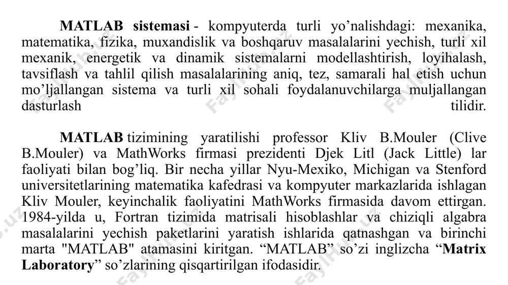 ffice, maple sistemasi va boshqa bir qancha dasturlarga bevosita bog’lash orqali shu dasturlarda ishchi varag’ida matlabda mavjud buyruqlardan “jonli” ravishda foydalanish mimkin. masalan microsoft office excelda matlab buyruqlaridan foydalanish orqali undagi ishlarni osonlashtirish mumkin. microsoft office wordda(word+notebook) esa matlab tizimi buyruqlaridan foydalanib, “jonli” elektron darsliklar, qo’llanmalar, prezentatsiyalar va turli ko’rinishdagi “jonli” elektron hujjatlar yaratish imkoniyatlari mavjud. 1-rasm. matlab tizimining asosiy oynasi sarlavha satri; 5. komandalar ishchi varag’i; asosiy mеnyular satri; 6. oxirgi yozilgan komandalar ro’yxati; uskunalar panеli; 7. holat satri. ishchi soha; matlab tizimi interfeysi. matlab tizimining asosiy oynasi quyidagicha ko’rinishda bo’lib, quyidagi bo’limlardan iborat: file — fayllar bilan ishlash menyusi edit — tahrirlash menyusi view — uskunalar panelini chiqarish va yopish menyusi asosiy mеnyular satri quyidagi mеnyulardan iborat. menyu buyruqlari: fayllar bilan ishlaydigan standart buyruqlarni o’z ichiga olgan file menyusining 1-bandi new buyrug’i bo’lib, unda m-file, figure, model, gui bandlari mavjud. new+m-file – yangi m-file yaratish new+figure – yangi …