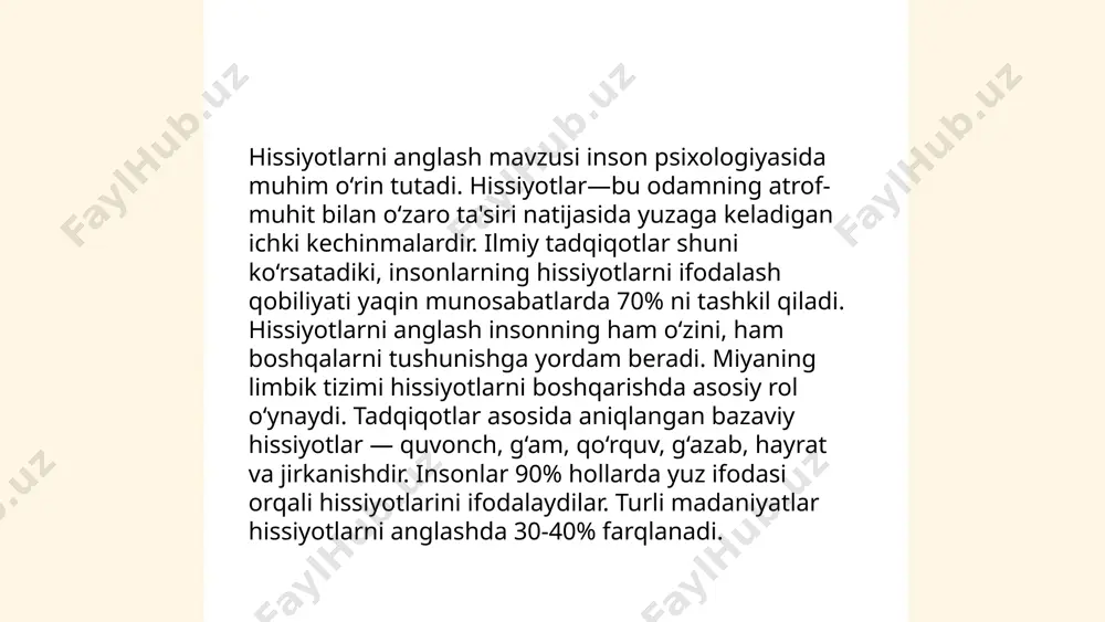 yotlarni yaxshiroq boshdan kechirishadi. hissiyotlarni boshqarish qobiliyati ijodkorlikka ijobiy ta'sir ko'rsatishi mumkin. ... t.me/slaydai_bot hissiyotlar va qarorlar qabul qilish o'rtasidagi bog'liqlik inson psixologiyasida muhim ahamiyatga ega. tadqiqotlarga ko'ra, inson miyasi hissiyotlarni pertsiyasi qilish va qaror qabul qilish jarayonida bir xil sohalarni faollashtiradi. hissiy holatlarning 70% gacha inson qarorlariga ta'sir qilishi mumkin. bundan tashqari, stress yoki tashvish holatlarida qaror qabul qilishda irratsional xatolarga yo'l qo'yish ehtimoli 40% ga oshishi mumkin. shu sababli, hissiyotlarni boshqarish qobiliyati qarorlar sifatining yaxshilanishiga xizmat qiladi. samarasiz qarorlar esa odatda aniqlanish vaqtidan 25% gacha kechikish keltirib chiqarishi mumkin. ... t.me/slaydai_bot 13. hissiyotlar va empatiya empatiya insonlarning boshqalarning hissiyotlarini tushunish va ularga hamdard bo'lish qobiliyatini anglatadi. tadqiqotlarga ko‘ra, empatiya qobiliyati insonlar o‘rtasidagi ijtimoiy aloqalarni kuchaytiradi va konfliktlarni kamaytirishga yordam beradi. misol uchun, 2013-yilda o'tkazilgan bir tadqiqotda empatiya darajasini oshirish insonga ko‘proq jamiyatga ijodiy va samarali hissa qo‘shishga yordam berishi aniqlangan. empatiya, shuningdek, insonlarning ruhiy salomatligiga ijobiy ta’sir qiladi, …