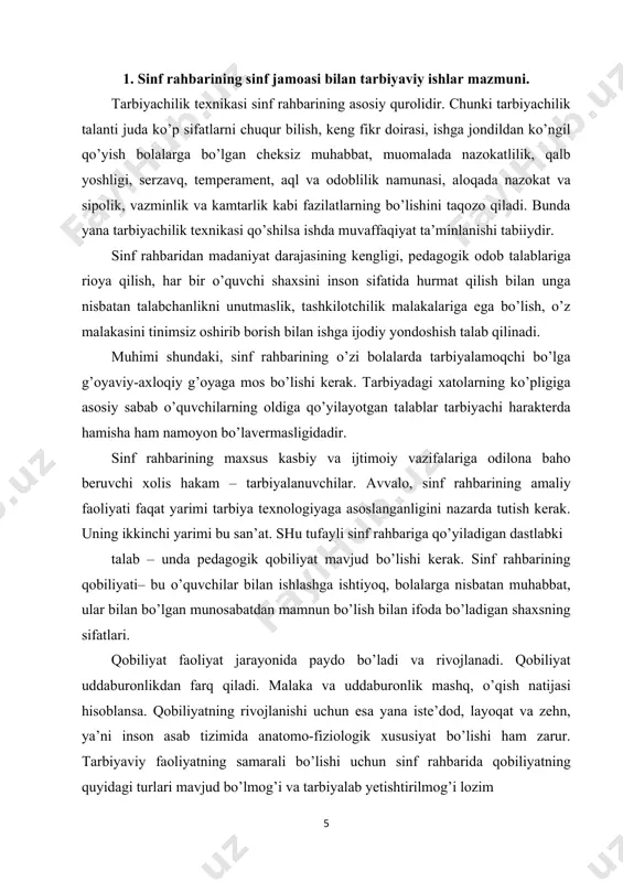 asoslanganligini nazarda tutish kerak. uning ikkinchi yarimi bu san’at. shu tufayli sinf rahbariga qo’yiladigan dastlabki talab – unda pedagogik qobiliyat mavjud bo’lishi kerak. sinf rahbarining qobiliyati– bu o’quvchilar bilan ishlashga ishtiyoq, bolalarga nisbatan muhabbat, ular bilan bo’lgan munosabatdan mamnun bo’lish bilan ifoda bo’ladigan shaxsning sifatlari. qobiliyat faoliyat jarayonida paydo bo’ladi va rivojlanadi. qobiliyat uddaburonlikdan farq qiladi. malaka va uddaburonlik mashq, o’qish natijasi hisoblansa. qobiliyatning rivojlanishi uchun esa yana iste’dod, layoqat va zehn, ya’ni inson asab tizimida anatomo-fiziologik xususiyat bo’lishi ham zarur. tarbiyaviy faoliyatning samarali bo’lishi uchun sinf rahbarida qobiliyatning quyidagi turlari mavjud bo’lmog’i va tarbiyalab yetishtirilmog’i lozim - tashkiliy – sinf rahbarining o’quvchilarni jipslashtirish, ularni band qilish, vazifalar bo’lib berish, ishni rejalashtirish, qilingan ishlarni jamlash mahoratiga namoyon bo’ladi; - didaktiga oid – o’rganishga bo’lgan qiziqish hamda ma’naviy, xissiy istaklarni rag’batlantirish, o’quv bilimini orttirish, faollashtirish mahoratida namoyon bo’ladi; - pertseptiv – tarbiyalanuvchilarning ma’naviy dunyosiga singib, ularning emotsional holatini baholash, ruhiy xususiyatlarini …