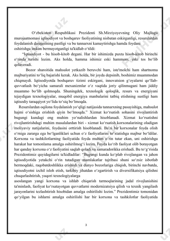 zmat ko‘rsatishni rivojlantirishdagi muhim masalalardan biri - xizmat ko‘rsatish korxonalarining oladigan moliyaviy natijalarini, foydasini orttirish hisoblanadi. ba'zi bir korxonalar foyda olish o‘rniga zararga ega bo‘lganliklari uchun o‘z faoliyatlarini to‘xtatishga majbur bo‘ldilar. korxona va tashkilotlarning faoliyatida foyda muhim o‘rin tutar ekan, uni oshirishga harakat har tomonlama amalga oshirilmog‘i lozim. foyda ko‘rib faoliyat olib borayotgan har qanday korxona o‘z faoliyatini saqlab qoladi va samaradorikka erishadi. bu to‘g‘risida prezidentimiz quyidagilarni ta'kidladilar: “bugungi kunda ko‘plab rivojlangan va jahon iqtisodiyotida yetakchi o‘rin tutadigan mamlakatlar tajribasi shuni so‘zsiz isbotlab bermoqdaki, raqobatdoshlikka erishish va dunyo bozorlariga chiqish, birinchi navbatda, iqtisodiyotni izchil isloh etish, tarkibiy jihatdan o‘zgartirish va diversifikatsiya qilishni chuqurlashtirish, yuqori texnologiyalarga asoslangan yangi korxona va ishlab chiqarish tarmoqlarining jadal rivojlanishini ta'minlash, faoliyat ko‘rsatayotgan quvvatlarni modernizatsiya qilish va texnik yangilash jarayonlarini tezlashtirish hisobidan amalga oshirilishi lozim.” prezidentimiz tomonidan qo‘yilgan bu ishlarni amalga oshirilishi har bir korxona va tashkilotlar faoliyatida samaradorlikni oshirishni va foyda darajasini yuksaltirishni taqozo etadi. …