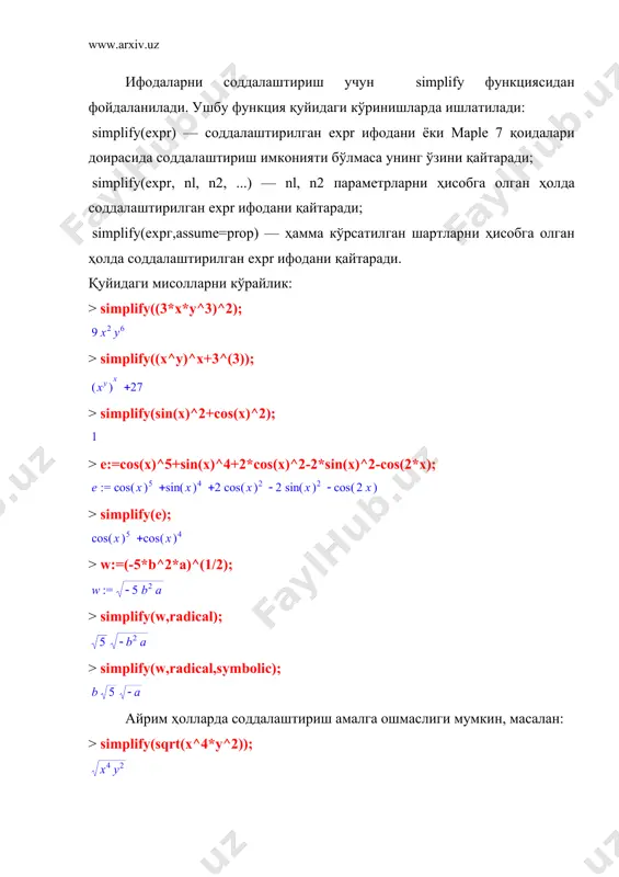 4*y^2)); бундай ҳолларда керакли аниқликларни киритиб соддалаштиришга эришиш мумкин > simplify(sqrt(x^4*y^2),assume=real); > simplify(sqrt(x^4*y^2),assume=positive); бу ерда ўзгарувчилар биринчи ҳолда реал деб, иккинчи ҳолда мусбат деб аниқлаштирилди. символли амалларни дастурлашни f(x)=0 кўринишидаги чизиқсиз тенгламаларни нpютоннинг итерациялар усули билан ечиш мисолида кўрайлик. маoлумки нpютон усули қуйидаги формулага асосан итерацион ҳисоблашларга асосланган: xi+1=x1+f(x1)/f'(x1). уни символли кўринишда дастурлаймиз: > ni := proc( f,x ) description "chiziqsiz tenglamalarni yechish"; local i; > i:=x-f/diff(f,x); > unapply(i,x) end; > print( ni ); бу ерда итерацион формулани аналитик кўринишда олиш учун unapply функцияси ишлатилган. энди ечилиши зарур бўлган ифода берилса ечимнинг аналитик ифодасини олиш мумкин: > f:=sin(x)^2-0.5; > t:=ni(f,x); сўнгра х учун бошланьич яқинлашишни х=х0 кўринишида бериб қатор итерациялар учун ҳисоблаш натижаларини олиш мумкин: > x0:=0.2; > to 8 do x0:=t(x0);od; бу мисолдан бошланьич сакрашлардан кейин тезлик билан аниқ ечимга яқинлашилганлигини кўриш мумкин. ушбу усул ёрдамида тенгламанинг фақат битта илдизини топиш мумкин. бошқа илдизлар бошланьич шартни ўзгартириш йўли билан …