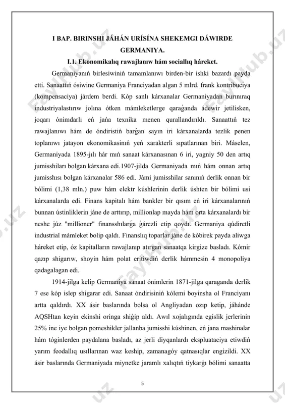 rsılıq tereńlesip bardı. monopolistlik kapital húkimdarlıǵı jumisshilardıń awhalın jáne de jamanlastırdı. nemis jumisshilarının is haqısı angliya hám amerika jumisshilarının is haqısınan ádewir tómen edi. germaniyada 1900-1903-jılları júz bergen krizisler jumisshilardıń awhalın awırlastırdı hám úlken jumıssızlıqqa sebep boldı. germaniya jumisshılarınıń kárxana iyelerine qarsı qatań gúresleri nátiyjesinde miynet haqınıń biraz arttırılıwına hám jumisshi kúshiniń biraz kemeytiliwine erisildi. 1900jılı jumis kúni 11-12 saat dawam etken bolsa, 1904-1914-jılları jumis kúni 9,5 saatqa túsirildi. ásirese, hayallar, jas óspirimler, balalar qattı ezilgen. olar erkeklerge qaraganda 30-50% kem is haqı alatuģın edi. jumisshilar turmis táriziniń jamanlasıwı mámlekette narazılıqlardıń ósiwine sebep boldı, ásirese, 1905-1907-jillardagi rossiyadagi revolyuciya nemis jumisshilar háreketine tásir kórsetti. is taslaw hám basqa narazılıqlar kúsheydi. 1900-jili qartaygan kancler gogenloe (1894-1900) ornin f. byulov (1900-1909) iyeledi. ol prussiyada saylaw sistemasın demokratiyalastırıw haqqındaǵı talaptı qatań biykarladı. 1902-jılı yunkerlerge xoshametlep, reyxstag tastıyıqlawınan jana bajıxana anıqlamasın ótkerip aldı. bul anıqlama social-demokratlar tárepinen "sudxorlıq anıqlaması" dep ataldı. kirgizilgen bajıxana tarifi yunkerlerge …