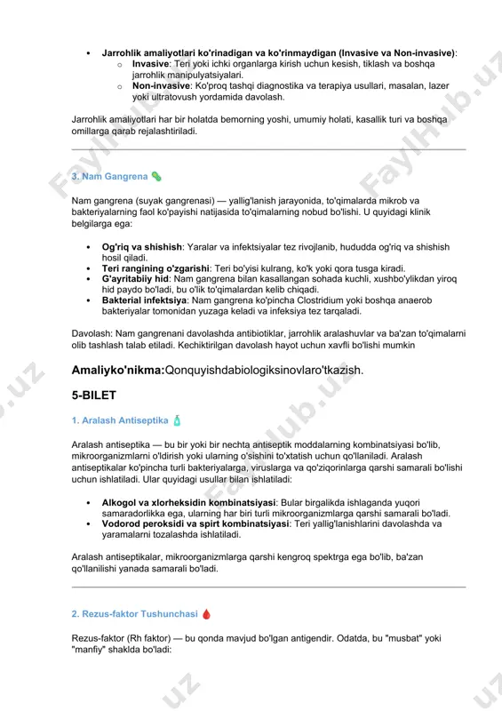 tiklanishini ta'minlash uchun sog'liqni tiklash rejasiga rioya qilish zarur, shuningdek, mutaxassislar tomonidan ko'rsatmalarni diqqat bilan bajarish muhimdir. amaliyko'nikma:sterilxalatnikiyish. 4-bilet 1. biologik antiseptika 🦠 biologik antiseptika — mikroorganizmlarni o'ldirish yoki ularning ko'payishini to'xtatish uchun biologik moddalar yoki mikroorganizmlardan foydalanish usulidir. bunga quyidagi usullar kiradi: · antibiotiklar: bakteriyalarning o'sishini to'xtatish yoki ularni o'ldirish uchun ishlatiladi. misol uchun, penitsillin yoki amoksitsillin. · probiotiklar: ba'zi probiotiklar (yaxshi bakteriyalar) o'zgaruvchan muhitda zararli mikroorganizmlarning o'sishini inhibe qiladi, bu esa infeksiyalarni oldini olishga yordam beradi. · fagoterapiya: bakteriyalarga qarshi bakteriofaglar (viruslar)dan foydalanish. bakteriofaglar faqat o'ziga xos bakteriyalarni o'ldiradi va shuning uchun zararsizdir. biologik antiseptikalar, kimyoviy antiseptiklar bilan solishtirganda, ancha ekologik toza va odam organizmiga kamroq zarar keltirishi mumkin. 2. jarrohlik amaliyotlari tasnifi ⚕️ jarrohlik amaliyotlari, ko'plab turli sabablarga ko'ra amalga oshiriladi va ular quyidagi tasniflarga bo'linadi: · planned (rejalashtirilgan) jarrohlik amaliyotlari: bemor oldindan tayyorgarlik ko'rib, belgilangan sanada o'rtacha murakkablikdagi jarrohlik amaliyotlari o'tkaziladi. masalan, organni olib tashlash yoki …