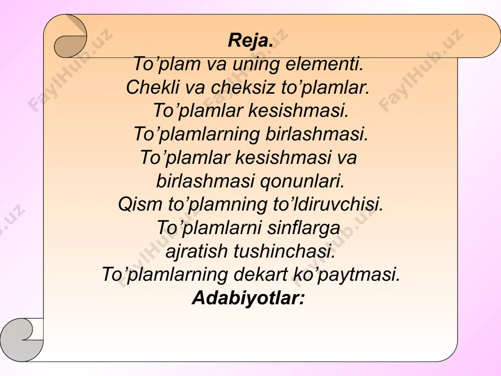 lami. [0; 1] sigmеnt kantinеum quvvatli to’plamldir. unga ekvivalеnt to’plamlar chеksiz to’plam hisоblanadi. iхtiyoriy kichik kеsma ustidagi nuqtalar to’plami kantinеum quvvatli to’plamga ekkvivalеnt to’plamdir. to’plamni uning barcha elementlarini sanab ko’rsatish to’plam o’z elementlari bilan aniqlanadi, ya’ni agar ixtiyoriy ob’ekt haqida u biror to’plamga tegishli yoki tegishli emas deyish mumkin bo’lsa, bu to’plam berilgan deb hisoblanadi. to’plamni uning barcha elementlarini sanab ko’rsatish bilan berish mumkin. masalan, agar biz a to’plam 3, 4, 5 va 6 sonlardan tashkil topgan desak, biz bu to’plamni bergan bo’lamiz, chunki uning barcha elementlarini sanab ko’rsatildi. uni bunday yozish mumkin: a={3, 4, 5, 6} bunda sanab ko’rsatilgan elementlar katta qavslar ichiga yoziladi. xarakteristik xossa – bu shunday xossaki, to’plamga tegishli har bir element bu xossaga ega bo’ladi va unga tegishli bo’lmagan birorta ham element bu xossaga ega bo’lmaydi. илмий тадкийкот методлари илмий тадкийкот методлари - бу конуний богланишларни, муносабатларни, алокаларни орнатиш ва илмий назарияларини тузуш максадида илмий …