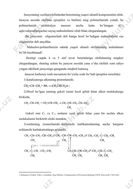 rlangan va tarkibida 59- 62 % gacha erkin p2o5 bo’lgan qattiq fosfat kislota yoki kvars qumida kislota pardasidan iborat bo’lgan kvarsash suyuq fosfat kislota. polimerlanish jarayoniga ta’sir etuvchi asosiy omillar. хomashiyo va tovar mahsulot. хomashiyo bo’lib propan –propilenli va butan –butilenli fraksyalar хizmat qiladi. polimer benzin 93-95 % alkenlarni saqlaydi, yuqori oktan soni (tadqiqot usuli bo’yicha 96-97 punktni) va past kimeviy barqarorlik bilan хarakterlanadi. butan –butilenli fraksiyani polimerlab izooktan (2,2,4- trimetil pentan 0 ga aylantiradilar. jarayon parametrlari. jarayon harorati juda paet bo’lmasligi kerak, chunki 130 0s haroratda polimerlanishni o’rniga fosfat kislota efirlarining hosil bo’lish reaksiyasi sodir bo’ladi. hororatni haddan tashqari oshirish polimerli karbkationlarning parchalanishiga hamda ta’sirlashga polimerlanish reaksiyalarning sodir bo’lishiga olib keladi, bu reaksyalarda alkenlar bilan bir qatorda alkadienlar ham hosil bo’ladi. alkadienlarning polimerlanishi katalizatorning faolsizlanishiga ko’maklashadi. 180 dan 230 ºs gacha bo’lgan harorat optimal bo’lib hisoblanadi. bosimning oshirishi suyuq fazoda mahsulotlarning saqlanib qolishiga ko’maklashadi. sanoat jarayonida bosimi 3,5- 8,5 …