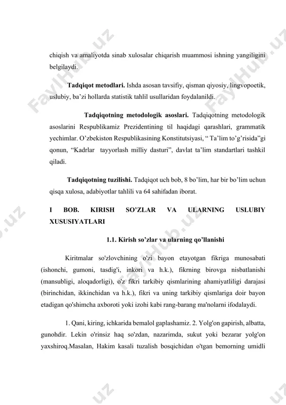 hrashamiz. 7. yaxshi hamki, yomg'ir yog'madi. 7. afsuski, hali o'zlashtirilmagan yerlar juda ko'p. 8. menimcha, oqil va sodiq er o'z rafiqasi uchun eng bebaho bezakdir. 9. baxtga qarshi, saida uning xohishini payqamadi.(a.q.) 10. dunyoda hech bir xalq to'g'ri kelolmas, mening bilishimcha, sening elingga. (h.o.) 11.to'g'ri, u aravani quruq olib qochadigan maqtanchoqlardan emas. ("mushtum") 12.ehtimol, bu ishni o'zing bajararsan. (h.no'mon) 13. chindan ham, mashina dehqonning og'irini yengil qiladigan zabardast kuchga aylandi. (gazetadan) bilib oling.yuqoridagi gaplarda ajratib ko’rsatilgan qismlar kiritmalar deyiladi.kiritmalar gapning, xususan, matnning umumiy mazmuniga aloqador bo’lsa-da, gapdagi biror bo’lak bilan hokim-tobelik aloqasiga kirmaydi, shuning uchun ular gapdagi boshqa bo’laklardan yozuvda vergul, tire, ba’zan qavslar bilan, talaffuzda esa to’xtamlar bilan ajratiladi. kiritmalar barcha bo'laklar kabi sodda va murakkab bo'ladi. sodda kiritmalar so'zlar va so'z-gaplar bilan, murakkab kiritmalar esa so'z birikmalari, kengaygan birikmalar va gaplar bilan ifodalanadi. kiritma gaplar juda keng qo'llaniladigan soha dramatik nutqdir.bu nutqda qahramon nutqi qay tarzda bayon etilishi …
