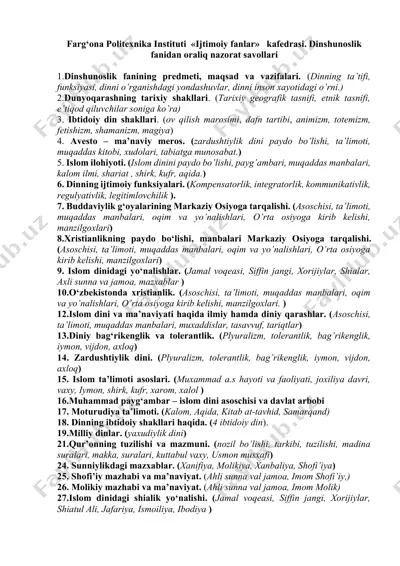 dinshunoslik fanidan oraliq nazorat savollari — DOCX