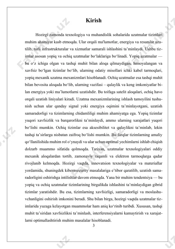 , uzatmalar tizimlarining samaradorligini oshirish, xavfsizlikni ta’minlash va xarajatlarni kamaytirishga qaratilgan strategiyalar ishlab chiqiladi, bu esa kelajakda yanada rivojlangan va ishonchli uzatmalar tizimlarini yaratishga asos bo‘ladi. i. yopiq va ochiq uzatmalar asosiy tushunchalari va farqlari yopiq va ochiq uzatmalar ishlash me'zoni texnologik va muhandislik sohalarida muhim ahamiyatga ega bo‘lib, ularning asosiy tushunchalari va farqlari aniq va to‘g‘ri tushunishni talab qiladi. bu me'zoni uzatmalar tizimlarining ishlash prinsiplari, xavfsizlik, samaradorlik va moslashuvchanlik kabi muhim jihatlarni o‘z ichiga oladi. yopiq va ochiq uzatmalar ishlash me'zoni haqida to‘liq tushuncha berish uchun, avvalo, ularning ta’riflari va asosiy xususiyatlarini aniqlash muhimdir. yopiq uzatmalar ishlash me'zoni, odatda, yopiq va muhrlangan jarayonlar yoki tizimlar asosida ishlaydi. bu tizimlarda uzatmalar yo‘llari yoki kanalizatsiyalari yopiq bo‘lib, tashqi muhit bilan aloqasi cheklangan yoki umuman mavjud emas. bu holatda, signallar yoki energiya tashish jarayonlari tashqi aralashuvlardan himoyalangan bo‘ladi. yopiq uzatmalar ko‘pincha xususiy xavfsizlik, yuqori ishonchlilik va muhit muhofazasi uchun ishlatiladi. masalan, kabellar …