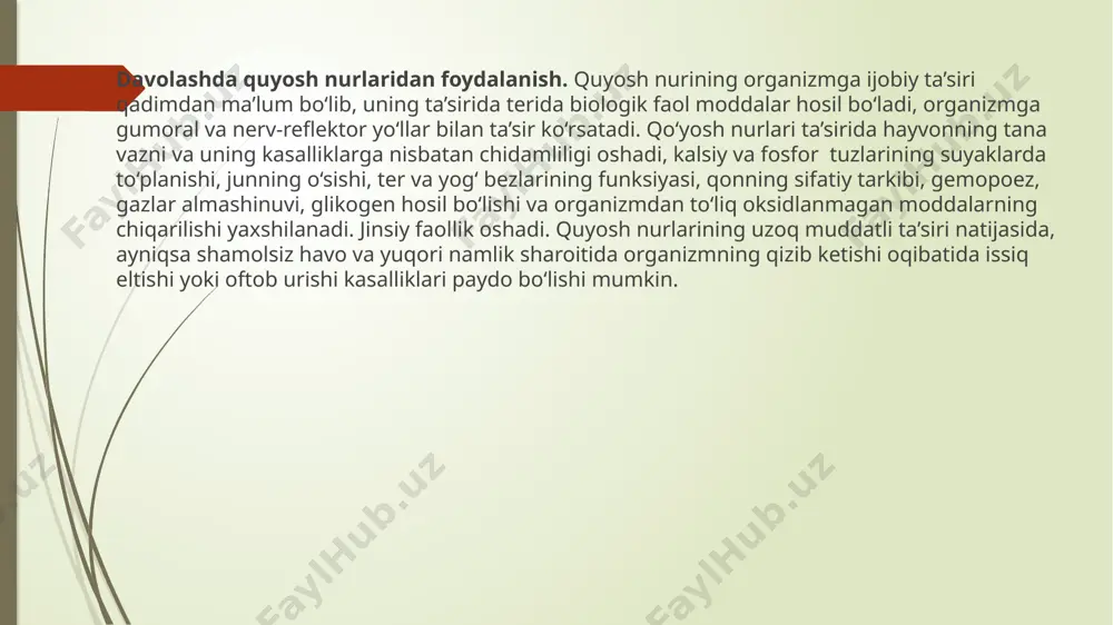 paydo bo‘lishi mumkin. elektroterapiya deb davolashda elektr tokidan foydalanishga aytiladi. buning uchun kichik kuchlanishli hamda past chastotali (galvanoterapiya, elektroforez , yuqori kuchlanishli va katta chastotali (darsonvallash, induktotermiya , impulsli (faradiylash elektr toklari va ultra yuqori chastotali elektromagnit to‘lqinlardan (uyuch terapiya foydalaniladi. ma’lumki, hayvon tanasi elektr energiyasining manbai va elektr tokini o‘tkazuvchi bo‘lib hisoblanadi. chunki hayvon tanasining 80 foizga yaqin qismini suv va o‘zidan elektr tokini yaxshi o‘tkazadigan natriy, kaliy, kalsiy, magniy, fosfor, temir kabi elementlar tashkil etadi. bundan tashqari, to‘qimalardagi kristalloidlar va biokolloidlar ham elektr tokining o‘tishiga yordam beradi. o‘zidan elektr tokini o‘tkazuvchi eritmalarga «elektrolitlar» deyiladi. elektrolit molekulalari parchalanganda musbat (kationlar va manfiy (kationlar zaryadlangan ionlar hosil bo‘ladi. kolloid eritmalardagi kolloid donachalari neytral bo‘lib, elektr tokining ta’sirida u yoki bu zaryadli ionlarni o‘ziga biriktirib olishi mumkin va biriktirib olingan ionning zaryadiga ko‘ra ular qarama-qarshi zaryadli elektrodga tomon harakat qiladi. ionlarning katodga qarab harakatiga katoforez, anod tomonga siljishiga anoforez deb ataladi. …