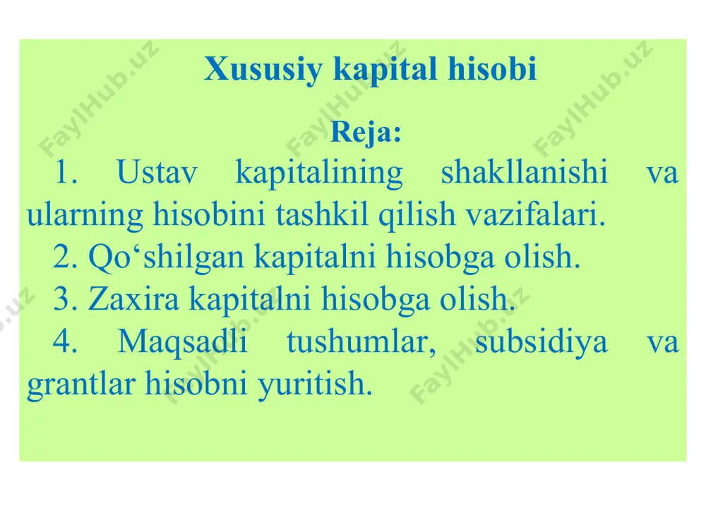 » bo‘yicha schyotlar korrespondensiyasi № xo‘jalik muomalalarining mazmuni schyotlar korrespondensiyasi yozuvni tasdiqlovchi hujjatlar debet kredit 1 aksionerlarga dividendlar hisoblandi 8710 6610 majlis bayonnomasidan ko‘chirma, dividendlar hisobi 2 hisoblangan dividendlarni to‘lash 6610 5010, 5110 kassa hisoboti, bankning ko‘chirmasi 3 chiqib ketayotgan ta’sischilarga ularning ulushlari bo‘yicha qarzlar hisoblandi 8610, 8620 6620 majlisning bayonnomasidan ko‘chirma, rahbarning bo‘yrug‘i 4 chiqib ketayotgan ta’sischilarga ularning ulushlari bo‘yicha qarzlarni to‘lanishi 6620 5010, 5110 kassa hisoboti, bankning ko‘chirmasi 5 aksionerlardan daromad solig‘i ushlandi 6610, 6620 6410 buxgalteriya raschyoti 4600 ustav kapitaliga ta`sischilarning ulushlari bo`yicha qarzini hisobga oluvchi schyotlar 4610 - ustav kapitaliga ta’sischilarning ulushlari bo‘yicha qarzi 8310 – oddiy aksiyalar 8320 - imtitozli aksiyalar 8330 – pay va ulushlar 8710 – hisobot davrining taqsimlanmagan foydasi (qoplanmagan zaraz) 6610 – to`lanadigan dividentlar 6620 – chiqib ketayotgan ta`sischilarga ulushlari bo`yicha qarz 2. qo‘shilgan kapitalni hisobga olish qo‘shilgan kapital oddiy va imtiyozli aksiyalarni sotishdan olingan summalarining nominal qiymatidan oshiqcha summalarining, bundan …
