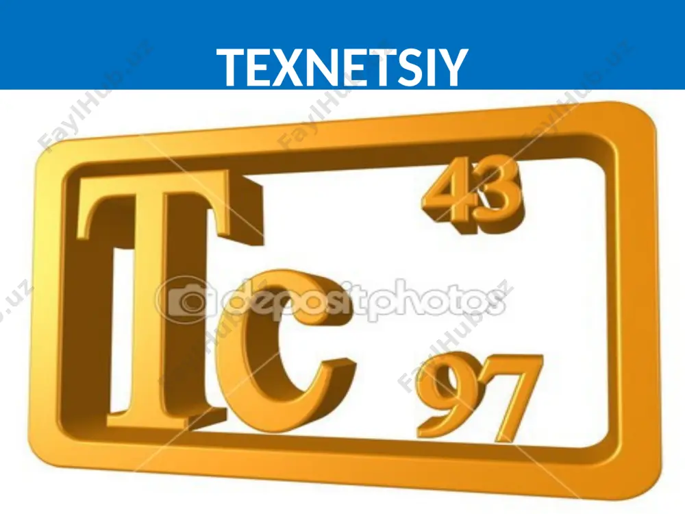 jiqatidan reniydan farq qiladi. zar suvida va nitrat kislotada erib, eritmada pertexnat ionlar (tso4~) hosil qiladi. texnetsiy, asosan, atom sanoati chiqindilaridan olinadi. metall texnetsiy nh4tc04, tco2, tc2s7 ni 600—1000° da vodorod bilan qaytarib olinadi. pertexnatlar korroziya ingibitorlaridir. texnetsiyning tso2, tso3 oksidi xam maʼlum. www.arxiv.uz texnetsiy 400° da ftor bilan geksaftorid tsgʻ6, xlor bilan geksaxlorid tss16 hosil qiladi. texnetsiyning tso3x, tsox3 (x — galogen) tarkibli rangli birikmalari, tc2s7 tarkibli sulfidi, tss tarkibli karbidi va boshqalar birikmalari, mas., tss14, tss12, ts(so)4x2, ts (so)5x, (s5n5)2ts2 ham maʼlum. texnetsiy korroziyaga bardoshli modda boʻlganligi uchun reaktorsozlik va aniq asbobsozlik ishlarida konstruksion material sifatida, suyukdanish trasi yuqori boʻlganligi uchun yuqori trali termoelementlarda ishlatiladi. "ts yemirilganida unurlar hosil boʻlmaydi. shunga asoslanib, undan radiometriya va dozimetriyada fs standart sifatida foydalaniladi. www.arxiv.uz www.arxiv.uz image1.jpeg image2.jpeg image3.jpeg image4.jpeg image5.jpeg image6.jpeg image7.jpeg image8.jpeg