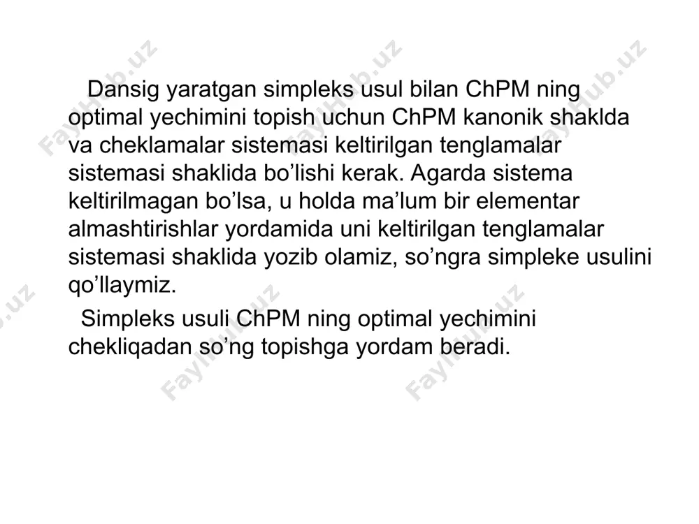 iz. masalan, bo’lsin. demak, vektor bazisdan chiqariladi. bu holda element hal qiluvchi element sifatida belgilandi. shu element joylashgan satrdagi vektor o’rniga u joylashgan ustundagi vektor bazis vektor sifatida kiritiladi. buning uchun simpleks jadvalida quyidagi elementar almashtirishlar bajariladi. satrdagi barcha: elementlarni hal qiluvchi elementga bo’lib, bu satrda elementlarni hosil qilamiz. u holda jadval quyidagi ko’rinishga keladi: 2. vektorni bazis vektorga aylantirish uchun, ya’ni jadvalni quyidagi ko’rinishga keltirish uchun jadvalda quyidagi elementar almashtirishlarni bajaramiz: (8) bu jarayonni barcha lar uchun shart bajarilguncha davom ettiramiz. har bir qadamda optimallik shartini tekshirib boramiz. shunday qilib quyidagi teoremalar o’rinli. 1-teorema. agar biror bir bazis reja uchun tengsizlik o’rinli bo’lsa, u holda bu reja optimal reja bo’ladi. 2- teorema. agar bazis rejada biror bir uchun shart o’rinli bo’lsa, u holda optimal reja bo’lmaydi va shunday rejani topish mumkin bo’ladiki, uning uchun tengsizlik o’rinli bo’ladi. agar biror bir uchun tengsizlik o’rinli bo’lib, bu ustundagi barcha elementlar uchun …