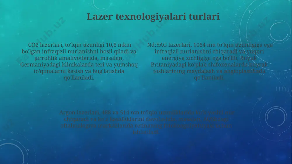 dalash imkonini beradi, bu esa bemorlarning og'riqlarini sezilarli darajada kamaytiradi va jarrohlik aralashuv ehtimolini pasaytiradi. oftalmologiyada lazer qo'llanilishi yapon olimlari tomonidan ishlab chiqilgan femtosekundli lazer texnologiyalari, o'zbekistonlik oftalmologlar tomonidan ham qo'llanib, katarakta jarrohligida aniqlikni 20% ga oshirdi va jarrohlik davomiyligini qisqartiradi. glaukoma kasalligida, jahon sog'liqni saqlash tashkilotining ma'lumotlariga ko'ra 60 millionga yaqin odam kasallangan, selektiv lazer trabeküloplastika (slt) usuli bilan ko'z ichidagi bosimni nazorat qilishda samaradorlik 85% ga yetmoqda. ko'zning retinasidagi diabetik retinopatiyani davolashda, jahon miqyosida 50 milliondan ortiq bemorni qamrab olgan ushbu kasallikda, yaxlit lazer fotokoagulyatsiya usuli keng qo'llaniladi, bu esa ko'rish qobiliyatini saqlashga yordam beradi. jarrohlik amaliyotlarida lazerdan foydalanish jarrohlik amaliyotlarida yuqori quvvatli co2 lazerlari, masalan, 10-30 vattli qurilmalar, yumshoq to'qimalarni kesish va bug'latish uchun samarali qo'llaniladi, bu esa minimal invaziv jarrohlik amaliyotlarini o'tkazishga imkon beradi va qon ketishini kamaytiradi. o'zbekistondagi ko'plab klinikalarda 800-1064 nm to'lqin uzunligiga ega nd:yag lazerlari buyrak va prostata toshlarini maydalashda, shuningdek, endovaskulyar jarrohlikda …