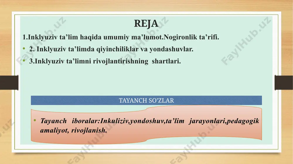 ” ekanligi alohida eʼtirof etilgan. shuningdek, bmt 1975 yilda “nogiron shaxslar huquqlari toʼgʼrisida”gi deklaratsiyani qabil qildi. mazkur deklaratsiyada taʼkidlanishicha: “nogironlar shaxsiyatini hurmat qilish huquqi ularda tugʼilishi bilan mavjud boʼladi. presentation template by “nogiron shaxslar huquqlari toʼgʼrisida”gi deklaratsiya (3-modda). nogironlikning kelib chiqishi, tabiati va jiddiylik darajasidan qatʼiy nazar, fuqaro oʼz yoshidagi tengdoshlari bilan bir xil huquqlarga egadirlarkim, shu bilan birga ular mumkin qadar toʼlaqonli yaxshi hayot kechirish huquqiga ham ega” presentation template by mazkur konventsiyaning 2-moddasida “bolalar ularning ota-onalari, boquvchilarining irqlari, terisining rangi, jinsi, tili, dini, siyosiy va boshqa eʼtiqodi, milliy, etnik yoki ijtimoiy kelib chiqishi, moddiy ahvoli, sogʼligʼi, qanday holatda tugʼilganliklari va boshqa holatlaridan qatʼiy nazar kamsitishlarga mahkum etilmasiligi kerak” – deb qatʼiy belgilangan. konventsiyadagi barcha huquqlar maxsus yordamga muhtoj bolalar uchun ham tegishli boʼlib, ularga barcha bolalar qatori teng munosabatda boʼlish kafolatlanadi. bmt tomonidan 1989 yilda qabul qilingan “bolalar huquqlari toʼgʼrisidagi konvenitsiya” barcha bolalarning huqularini hamma joyda amalga oshirish …
