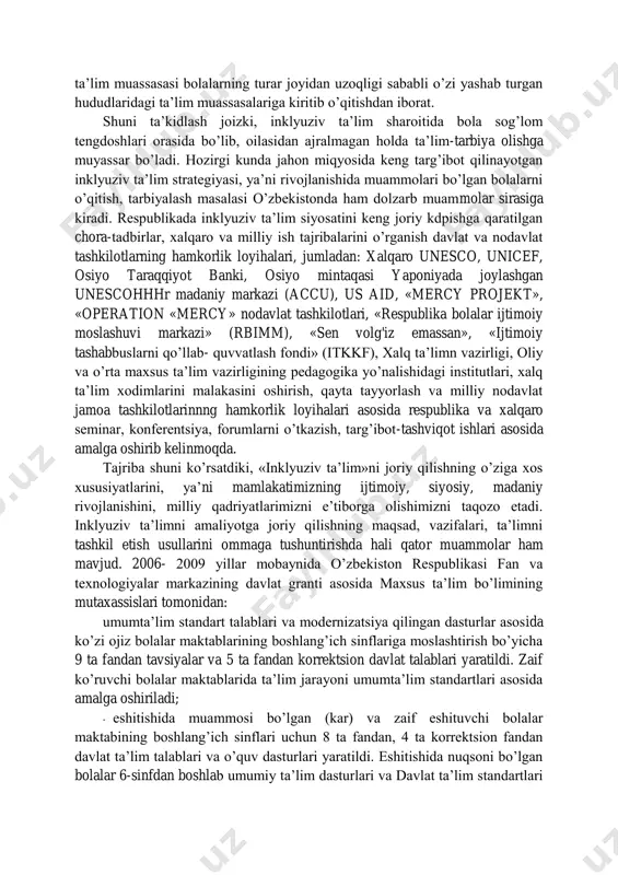 rmat, ijobiy munosabat shakllandi. maxsus ta’lim sohasining rivojlanishini qayta ko’rib chiqish siyosati amalga oshirila boshlandi. ko’plab mamlakatlar «segregatsiya» ta’limidan voz kechib, imkoniyati cheklangan bolalarga integratsion ta’limni tadbiq qilishni lozim topdi. bizning mamlakatimizda asosiy e’tibor imkoniyati cheklangan bolalarni tabaqalashtirilgan maxsus ta’lim muassasalarida o’qitishga qaratilgan bo’lib, ushbu ta’lim tizimi rivojlangan. keyingi 10-15 yil davomida o’zbekistonda imkoniyati cheklangan bolalarni umumta’lim tizimiga kiritish integratsiya na inklyuziv usulida o’qitish, tarbiyalash masalasi ham amalga oshirib kelinmoqda. integratsiya va inklyuziv ta’lim strategiyasi ilimga jalb qilinmagan bolalarni umumta’lim muassasalari ga to’laqonli maxsus yoki inklyuziv ta’lim tizimiga integratsiya qilish, korrektsion ta’lim muassasasi bolalarning turar joyidan uzoqligi sababli o’zi yashab turgan hududlaridagi ta’lim muassasalariga kiritib o’qitishdan iborat. shuni ta’kidlash joizki, inklyuziv ta’lim sharoitida bola sog’lom tengdoshlari orasida bo’lib, oilasidan ajralmagan holda ta’lim-tarbiya olishga muyassar bo’ladi. hozirgi kunda jahon miqyosida keng targ’ibot qilinayotgan inklyuziv ta’lim strategiyasi, ya’ni rivojlanishida muammolari bo’lgan bolalarni o’qitish, tarbiyalash masalasi o’zbekistonda ham dolzarb muammolar sirasiga kiradi. respublikada …