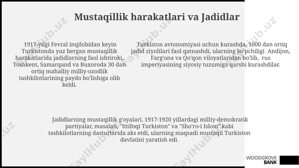ilni rivojlantirishga va 100 mingdan ortiq kishini o‘zbek milliy g‘oyalari bilan tanishtirishga hissa qo‘shdi. 1917-yilgi inqilobdan keyin jadidchilik g‘oyalari mustaqil davlat qurish harakatlarida muhim rol o‘ynadi, hozirgi o‘zbekiston hududida 30 dan ortiq mahalliy milliy harakatlarni ilhomlantirdi. woodgrove bank e'tiboringiz uchun rahmat @taqdimot_robot woodgrove bank