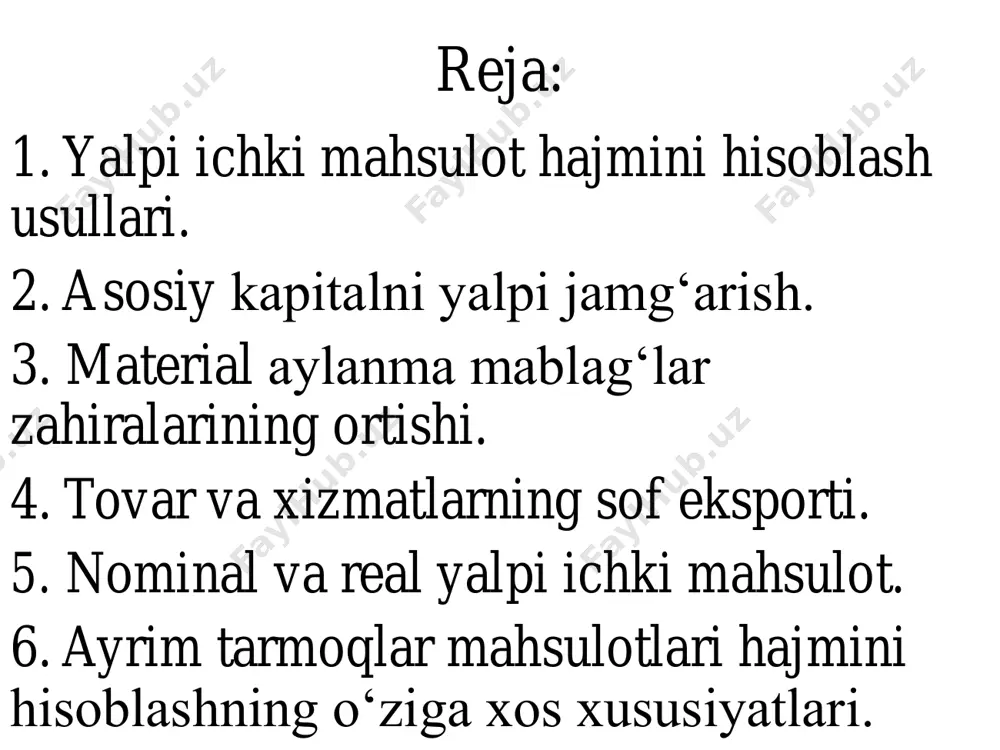 nqirozni toʻgʻri baholashligi bilan) narxlardagi oʻsish hususiyatini oldingisi yoki har qanday boshqasini yillik zahira taqsimotiga muhrlaydi. https://uz.wikipedia.org/wiki/1934-yil har doim yaimga amaldagi mavjud mahsulotlar hisobga olinadi va qanday darajada mamlakatlarda ishlab chiqarishning oʻsishi mavjudligi bilan narxlarni yaim darajasi yordamida aniqlanadi. yaim yonida iqtisodiyot oʻz imkoniyatlarini toʻlaqonli sotilgan ishchi kuchini band etish barobarida qaytaradi. yaim imkoniyati — bu yaim bilan toʻlaqonli bandlik va iqtisodiyot imkoniyatini boshqa sohalardagi tadqiqotlar bilan oʻzaro va bevosita bogʻliqlik ahamiyatini oshiradi. yaim mamlakatlar orasida zarurat chogʻida birja nuqtalarida har qanday milliy valyutada kursga hisoblanishi yoki horijiy valyutalar yordamida qiymatlashtiriladi. bularni shunday qiymatlarga baholash uchun jahon bozorida paritet haridorlik qobiliyati (phq) (xalqaro qiyoslashni aniqligi yoki ortiqligini bilish uchun) taqdim etilgan. bugun " bozor qiymati " deb nomlanuvchi maʼlum miqdorda hisoblash yoki barqaror kattalikdagi mahsulotlar erkin jahon bozorida amal qila oladi 8 foydalanish tovar va xizmatlar ishlab chiqarish xo’jalik birliklari jismoniy shaxslar yuridik shaxslar yakuniy oraliq ishlаb chiqаrish bоsqichlаri quyidаgi …