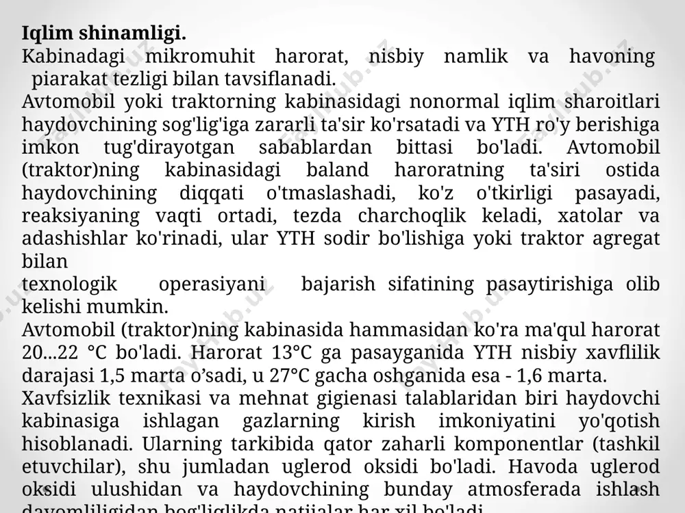 chastotalarga ega bo'ladi. inson ayrim qismlarining rezonans chastotalari quyidagichadir: bosh - 12...27 gs, bo'yin (tomoq, bo'g'iz) -6...27 gs, ko'krak qafasi - 2... 12 gs, qo'llar va oyoqlar -2...8 gs, umurtqa pog'onaning bel qismi 4... 14 gs, qorin 4... 12 gs. tebranishlarning inson organizmiga zararli ta'sir darajasi vibrasiyaning chastotasi, davomliligi va ta'sir yo'nalishi, insonning o'ziga xos shaxsiy xususiyatlariga bog'liq bo'ladi. insonning f = 3...5 gs chastota bilan davomli tebranishlari vestibulyar apparatda, yurak-tomir tizimda zararli ko'rinadi va bosh aylanish sindromini keltirib chiqaradi. f = 1,5...11 gs chastota bilan tebranishlar bosh, nafas yo'llari, oshqozon, ichak-chovoq va oxirida butun tananing rezonans tebranishlari oqibatida mazasi qochish kasalligini keltirib chiqaradi. chastotasi f = 11... 45 gs bo'lgan tebranishlarda ko'rish yomonlashadi, ko'ngil aynish, qusish paydo bo'ladi, boshqa a'zolarning normal faoliyati buziladi. chastotasi f ≥ 45 gs bo'lgan tebranishlar bosh miya tomirlarining shikastlanishini keltirib chiqaradi, qon aylanishining va markaziy asab faoliyatning buzilishi yuz beradi, keyinchalik vibrasiya kasalligi rivojlanadi. …