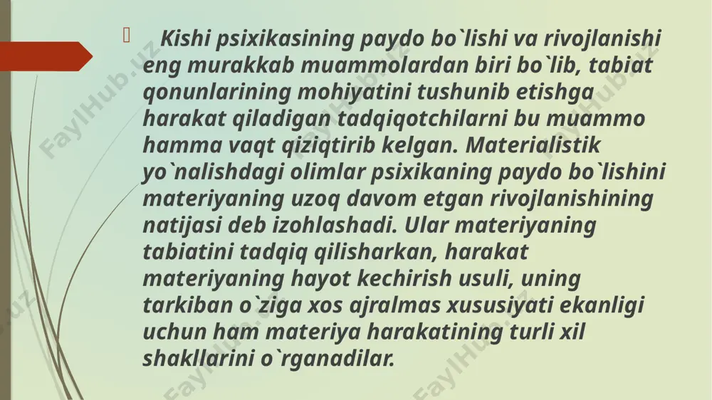 r. yusuf xos xojibning «kutadg`u bilig» asaridagi bosh masalalardan biri komil insonni tarbiyalashdir. abduraxmon jomiyning «bahoriston», «xiradnomai iskandariy», «tuxfatul ahror», «sisilatuz zaxob» va boshqa asarlarida ilm–ma'rifat, ta'lim-tarbiya, kasb–hunar o`rganish, yaxshi xislatlar va odoblilik haqidagi fikrlar ifodalangan. dеvoniy o`zining «axloqi jaloliy» nomli asarida insoniy fazilatlarni to`rtga bo`ladi va bular donolik, adolat, shijoat va iffatdir. alishеr navoiyning «xazoinul maoniy, «mahbubul kulub»» va boshqa asarlarida еtuk, barkamol insonning ahloqi, ma'naviyati, odamlarga munosabati, istе'dodi va qobiliyati to`g`risida qimmatli muloxazalar yuritilgan. ana shu psixologik katеgoriyalar ijtimoiy adolat qaror topishi uchun muhim ahamiyatga ega ekani ta'kidlangan. shuningdеk, navoiy asarlarida shaxsning kamol topishida ota–onaning roli, ayollarning iffatliligi, insonlarning kamtarligi masalalari alohida o`rin egallaydi. psixika haqidagi qarashlar ma'lum vaqt (salkam 5 asr) kun tartibidan olib qo`yildi va xix asr oxiri va xx asr boshlarida g`arbiy ovrupa mamlakatlarida va aqsh da yana turli munozaralarga sabab bo`la boshladi. (i.m.pavlov, n.е.ribakov, k.n. kornilov, p.p. blonskiy, a.s. vigotskiy–rossiya, u. djеms, s.xoll –aqsh, …