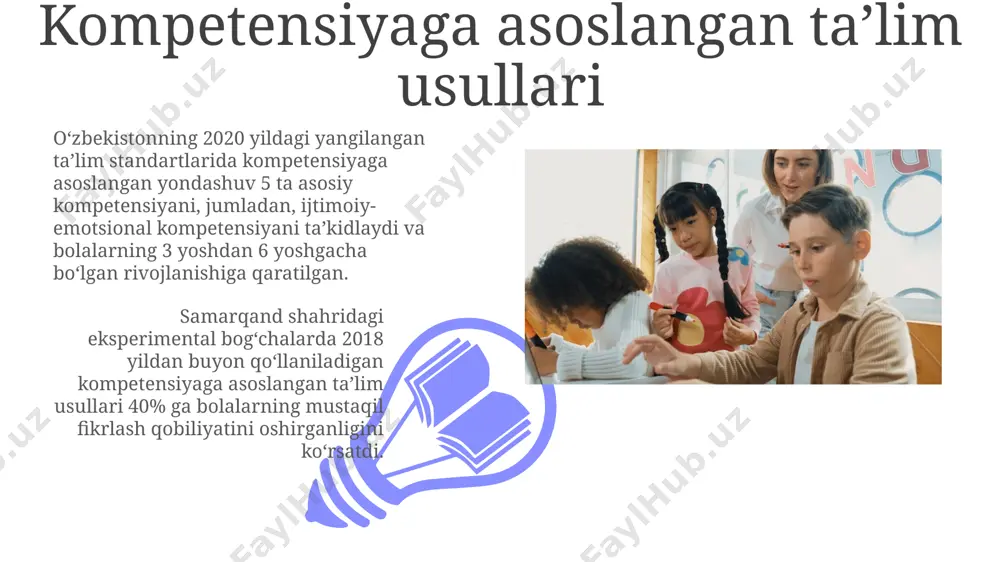 ta’limda kompetensiyalar o'zbekiston respublikasining davlat ta'lim standartlariga muvofiq, maktabgacha ta’lim muassasalarida bolalarning 6 ta asosiy kompetensiyasi – milliy va umuminsoniy qadriyatlar, sog'lom turmush tarzi, ijodiy fikrlash, muloqot, o'z-o'zini anglash va o'z-o'zini boshqarish kompetensiyalari shakllantiriladi. maktabgacha ta’limda 5 yoshgacha bo'lgan bolalarda 3 ta asosiy kompetensiya – kommunikativ, kognitiv va ijtimoiy-emotsional kompetensiyalarni rivojlantirishga qaratilgan dasturlar samarqand viloyatining 20 ta maktabgacha ta'lim muassasalarida sinovdan o'tkazildi. e'tiboringiz uchun rahmat @taqdimot_robot image4.jpg image5.jpg image6.jpg image7.jpg image8.jpg image9.jpg image10.jpg image11.jpg image12.jpg image1.jpeg image2.jpeg image3.jpeg