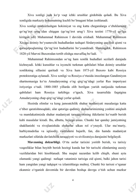 motlarga ega bo‘ldik. tadqiqot ob’yekti. ushbu kurs ishining tadqiqot ob’yekti xvi asrdan boshlab to hozirgi kunda qadar ilmiy nashriyotlarda nashrdan chiqqan yozma manbalar, ilmiy adabiyotlar, xrestomatiyalar va arxiv hujjatlari hisoblanadi. yuqoridagilardan tashqari mazkur kurs ishida ilmiy nashriyotlarda nashrdan chiqqan ilmiy maqolalardan ham alohida foydalanilgan. davriy (xronologik) chegaralanishi. kurs ishining xronologik chegarasi xvi-xix asrlarni qamrab olgan bo‘lib, asosiy urg‘u xiva xonligi ddavlatchilik asoslarining tarixiga qaratilgan. kurs ishining predmeti va obyekti. mazkur kurs ishi nazariy asosini xvi-xix asr tarixiga oid ilmiy adabiyotlar, o‘rta asrlarda yozilgan manbalar hamda keyingi davrlarda nashrdan chiqqan adabiyotlar, maqolalar, ilmiy ishlar, mustaqillik davrida e’lon qilingan xolis yoritilgan tarixiy materiallar maqola va monografiyalar shu kabilarga qaratilgan. kurs ishining tuzilishi. kirish, ikki bob, to‘rt paragraph, xulosa, foydalanilgan manba va adabiyotlar ro‘yxatidan iborat. i bob. xiva xonligining tashkil topishi. siyosiy jarayonlar 1.1. xiva xonligining tashkil topishi xorazm hududida jami 20 ga yaqin o‘zbek qabilasi istiqomat qilar edi. ular orasida qo‘ng‘irot, mangit, …