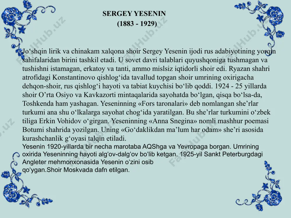 toshkentda ham yashagan, samarqand shahrida boʻlgan. yeseninning „fors taronalari“ (1924-1925) deb nomlangan sheʼrlar turkumi kavkazort o‘lkalarga sayohat chog‘ida yaratilgan. „fors taronalari“ sheʼrlar turkumi hofiz, saʼdiy sheroziy, umar xayyom kabi sharq ijodkorlariga cheksiz hurmat-ehtirom mahsuli sifatida dunyoga keldi. „tanlangan sheʼrlar“, „zamin dargʻasi“, „lirika: sheʼrlar, dostonlar“ sheʼriy toʻplamlari erkin vohidov tomonidan oʻzbek tiliga tarjima qilingan (1965, 1970, 1981). 1985-yil toshkentda shoirning uy-muzeyi ochilgan. yesenin oʻlimidan bir kun avval doʻstiga atab sheʼr yozgan. shoirning eng mashhur misralaridan biriga aylangan bu sheʼrni erkin vohidov oʻzbek tiliga mahorat bilan tarjima qilgan: rus tilida до свиданья, друг мой, до свиданья. милый мой, ты у меня в груди. предназначенное расставанье обещает встречу впереди. до свиданья, друг мой, без руки, без слова, не грусти и не печаль бровей, — в этой жизни умирать не ново, но и жить, конечно, не новей. erkin vohidov tarjimasi xayr endi, xayr, doʻstginam, bagʻrimdasan, koʻngil malhami. muqarrar bu ayriliqning ham visoli bir oldinda …