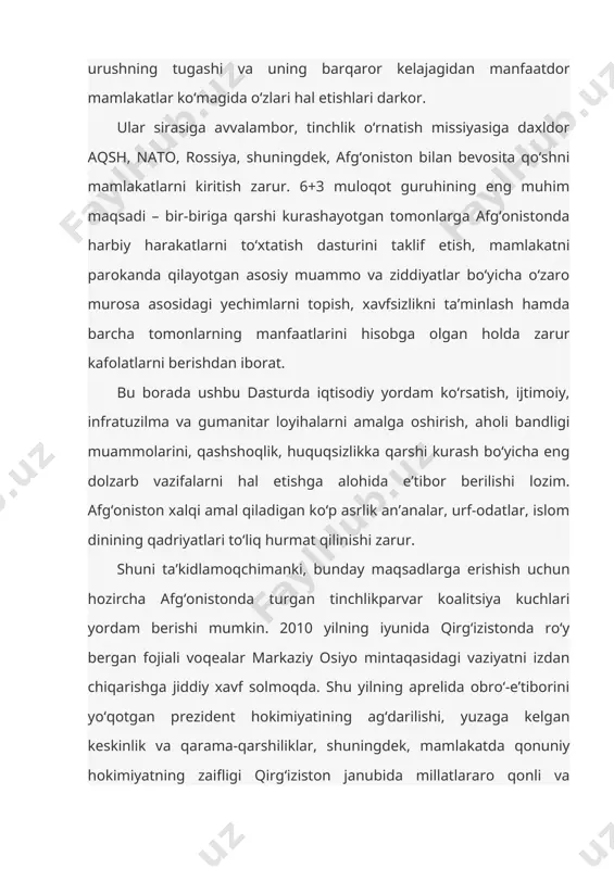 sa asosidagi yechimlarni topish, xavfsizlikni ta’minlash hamda barcha tomonlarning manfaatlarini hisobga olgan holda zarur kafolatlarni berishdan iborat. bu borada ushbu dasturda iqtisodiy yordam ko‘rsatish, ijtimoiy, infratuzilma va gumanitar loyihalarni amalga oshirish, aholi bandligi muammolarini, qashshoqlik, huquqsizlikka qarshi kurash bo‘yicha eng dolzarb vazifalarni hal etishga alohida e’tibor berilishi lozim. afg‘oniston xalqi amal qiladigan ko‘p asrlik an’analar, urf-odatlar, islom dinining qadriyatlari to‘liq hurmat qilinishi zarur. shuni ta’kidlamoqchimanki, bunday maqsadlarga erishish uchun hozircha afg‘onistonda turgan tinchlikparvar koalitsiya kuchlari yordam berishi mumkin. 2010 yilning iyunida qirg‘izistonda ro‘y bergan fojiali voqealar markaziy osiyo mintaqasidagi vaziyatni izdan chiqarishga jiddiy xavf solmoqda. shu yilning aprelida obro‘-e’tiborini yo‘qotgan prezident hokimiyatining ag‘darilishi, yuzaga kelgan keskinlik va qarama-qarshiliklar, shuningdek, mamlakatda qonuniy hokimiyatning zaifligi qirg‘iziston janubida millatlararo qonli va shafqatsiz voqealar yuzaga kelishiga sabab bo‘ldi. buning natijasida yuzlab begunoh odamlar qurbon bo‘ldi, minglab tinch aholi jabr ko‘rdi. qirg‘izlarning o‘zi ham, respublika janubida yashayotgan ko‘p sonli o‘zbeklar ham uchinchi kuchlar tomonidan puxta …