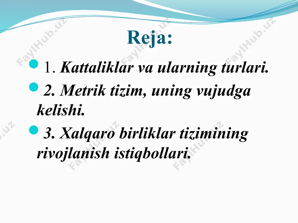 iklar, masalan, uzunliklar, massa, vaqt, temperatura, elektr toki kuchi, eyuk, quvvat, ish va boshqalarni o‘lchashlar bilan bog‘liq. o‘z rst 8.010-93 bo‘yicha fizikaviy kattalik – sifat tomonidan ko‘pgina fizikaviy ob’ktlarga (fizikaviy tizimlarga, ularning holatlariga va ularda o‘tayotgan jarayonlarga) nisbatan umumiy bo‘lib, miqdor tomonidan har bir ob’ekt uchun xususiy bo‘lgan xossa deb ta’riflanadi. miqdor tomonidan xususiylikni quyidagicha tushunsa bo‘ladi: biror ob’ektning xossasi ikkinchi ob’ektga nisbatan ma’lum marta kattaroq yoki kichikroq bo‘lishi mumkin. agar har xil ob’ektlardagi xossalarning miqdorlarini solishtirish uchun fizikaviy usullar qo‘llansa, ushbu atamani faqat fizikadagina emas, balki kimyo va boshqa fanlarda bo‘ladigan xossalar uchun ham ishlatish mumkin. “kattalik” atamasidan xossaning faqat miqdoriy tomonini ifodalash uchun foydalanish man etiladi (masalan, “massa kattaligi”, “bosim kattaligi”, “kuch kattaligi” deb yozish), chunki shu xossalarning o‘zlari kattalik bo‘ladi. bu erda fizikaviy kattalik o‘lchami to‘g‘risida so‘z borayotganligi uchun “massa o‘lchami”, “bosim o‘lchami”, va sh.k. deyilishi kerak, ya’ni bu hollarda “kattalik o‘lchami” degan atama qo‘llanishi lozim. fizikaviy …