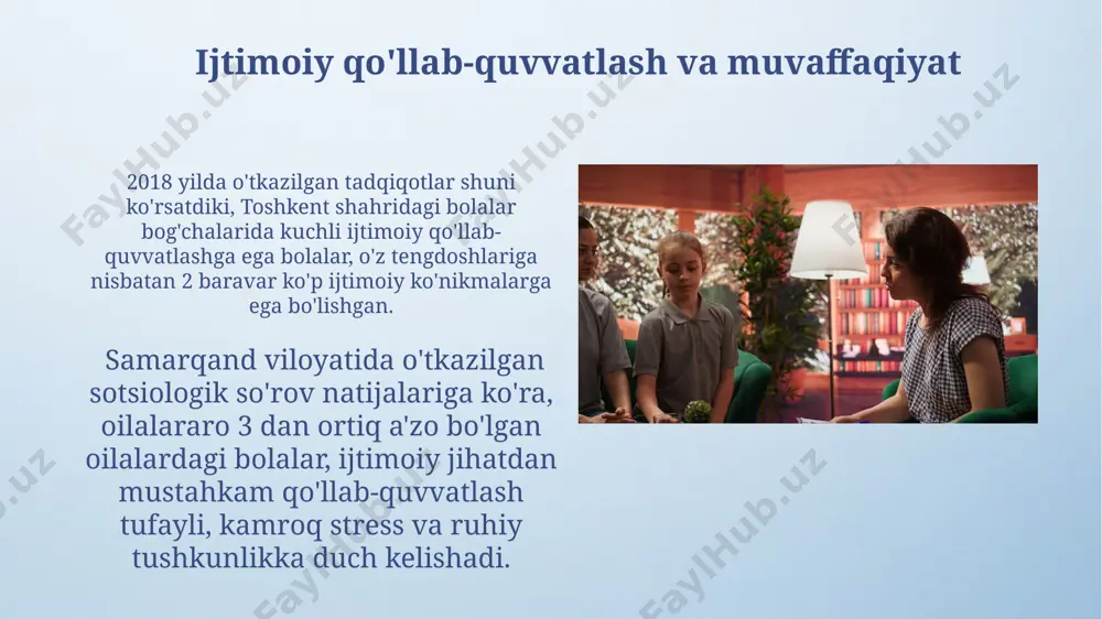 hayotdagi munosabatlariga, masalan, toshkentdagi tadqiqotlarga ko'ra, 70% ta'sir ko'rsatishi aniqlangan. tarbiyaning ijtimoiy-psixologik jihatlari ijtimoiy-psixologik jihatdan sog'lom shaxsni shakllantirishda ota-onalarning munosabatlari va ularning farzandlariga bo'lgan 3 ta asosiy tarbiyaviy uslublarining (avtoritar, demokratik, liberal) ta'siri toshkentdagi psixologik tadqiqotlar natijalarida aks etgan. o'zbekistondagi ta'lim tizimida 10 yildan ortiq davom etgan tadqiqotlar shuni ko'rsatdiki, tengdoshlar guruhi ta'siri bolaning o'ziga bo'lgan ishonchini 20% ga oshiradi yoki pasaytiradi. konfliktlar va ularni hal qilish adolatli vositachilik, 200 dan ortiq tadqiqotlar shuni ko'rsatdiki, konfliktlarni hal qilishning samarali usuli hisoblanadi va andijon shahridagi oilaviy maslahat markazlari tomonidan qo'llaniladi. bolalar o'rtasidagi ziddiyatlarning 70% ga yaqini o'yinchoqlar yoki shaxsiy hududlar uchun kurash natijasida 5-7 yosh oralig'ida toshkentdagi maktabgacha ta'lim muassasalarida kuzatiladi. ommaviy axborot vositalarining ta'siri aqsh tadqiqotlariga ko'ra, ommaviy axborot vositalarida zo'ravonlikning ko'p tasvirlanishi 5 yoshdan 12 yoshgacha bo'lgan bolalarda tajovuzkor xatti-harakatlarning ko'payishiga olib keladi. ijtimoiy tarmoqlardagi 10 yoshdan 15 yoshgacha bo'lgan o'smirlarning 85% dan ortig'i o'z tengdoshlarining fikriga ko'ra o'zlarini …