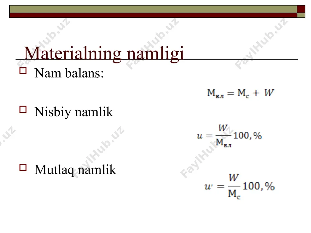 har qanday atrof-muhit parametrlarida sodir bo'ladi . moddiy holat agar materialning namligi gigroskopik nuqta namligidan kam bo'lsa, material gigroskopik holatda bo'ladi: p m  m da konvektsiya tufayli gazsimon qurituvchidan suyuqlikka o'tadigan issiqlik miqdori : bug'lanish jarayoni issiqlikni suyuqlikdan atrof-muhitga o'tkazish bilan birga keladi; suyuqlik issiq sovutish suvi bilan aloqa qiladi va qiziydi; q 1 = q 2 bo'lganda doimiy haroratda issiqlik muvozanati va bug'lanish sodir bo'ladi. termal muvozanatga erishgandan so'ng, bug'lanish paytida suyuqlik tomonidan qabul qilingan harorat nam lampochkaning haroratidir. ushbu gaz (havo) parametrlarida quritish jarayoni materialning muvozanat namligiga erishilgunga qadar sodir bo'ladi. quritish jarayonining kinetikasi namlik massa o'tkazuvchanligi tufayli materialning markazidan atrofga (havo bilan aloqa chegarasi) o'tadi: bu erda k - gidravlik o'tkazuvchanlik koeffitsienti, m2 / s; quritish jarayonining kinetikasi materialning yuzasidan bug 'shaklidagi namlik konvektiv diffuziya tufayli gaz oqimining yadrosiga o'tadi: qayerda - biologik mezon quritish egri chizig'i birinchi quritish davri kinetik qonun jarayon tezligi materialning harorati …