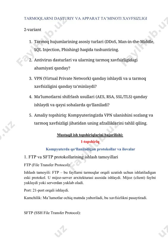 ersitetning barcha fakultet binolarini, yoki bir bankning shahar bo‘ylab joylashgan filiallarini bog‘laydi. 2. xususiyatlari: hudud: taxminan 5 – 50 km oralig‘idagi hududni qamrab oladi. tezlik: odatda yuqori tezlikdagi ulanishlardan (fiber-optik kabellar, metro ethernet) foydalaniladi. egasi: ko‘pincha biror yirik tashkilot yoki davlat idorasi boshqaradi. 3. texnologiyalar: man tarmoqlari quyidagi texnologiyalarga asoslanadi: metro ethernet fddi (fiber distributed data interface) sonet / sdh (optik tarmoq standarti) mpls (multiprotocol label switching) 4. foydalanish sohalari: universitet kampuslari davlat tashkilotlari banklar, sog‘liqni saqlash muassasalari internet xizmat provayderlari (isp) 5. afzalliklari: lan’larni kengaytirish imkonini beradi. ma’lumotlarni tez va ishonchli uzatish. uzoq binolarni birlashtirishda arzonroq alternativ bo‘lishi mumkin. 6. kamchiliklari: o‘rnatish va texnik xizmat ko‘rsatish qimmat bo‘lishi mumkin. xavfsizlikni alohida tashkil qilish talab etiladi. 2. ospf (open shortest path first) protokolining ishlash tamoyillari turi: link-state marshrutlash protokoli. ishlash prinsipi: 1. routerning holati haqida ma’lumot (lsa – link state advertisement) qo‘shni routerning barchasiga yuboriladi. 2. har bir router to‘liq …