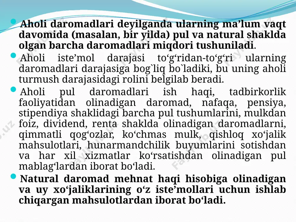 igan moddiy va ma’naviy ne’matlar bilan ta’minlanishi hamda kishilar ehtiyojining bu ne’matlar bilan qondirilishi darajasi sifatida aniqlash mumkin. shu sababli, aholi turmush darajasi va sifatini baholashda aholi jon boshiga to‘g‘ri keladigan daromad bilan bir qatorda, ular hayot darajasini belgilaydigan bir qator muhim ko‘rsatkichlar hisobga olinadi. bular quyidagilar: • yashash sharoitlari va standartlari; • qulay va zamonaviy uy - joylar bilan ta’minlanganligi; • kishilar yashash muhiti rivojlanganligi va obodonlashtirilganligi; • zaruriy infratuzilma mavjudligi va uning samarasi; • aholining sifatli iste’mol tovarlari, xususan mamlakatda ishlab chiqarilgan tovarlar bilan ta’minlanganligi; • zamonaviy ta’lim hamda sog‘liqni saqlash tizimidan bahramand bo`lishi. bozor iqtisodiyoti sharoitida o‘rtacha daromad «o‘rtacha sinf» deb ataladigan tabaqalar daromadlari bo‘yicha aniqlanadi. bunday guruh iste’molchilik savati to‘plamiga uy, avtomashina, dala hovli, zamonaviy uy jihozlar, sayr qilish va bolalarni o‘qitish imkoniyati, qimmatli qog‘ozlar va zeb-u ziynatlar kiradi. bozor iqtisodiyoti aholining yuqori ta’minlangan yoki “boy” qatlami mavjud bo`lishini taqozo qilib, ularga aholining yuqori sifatli tovarlar …