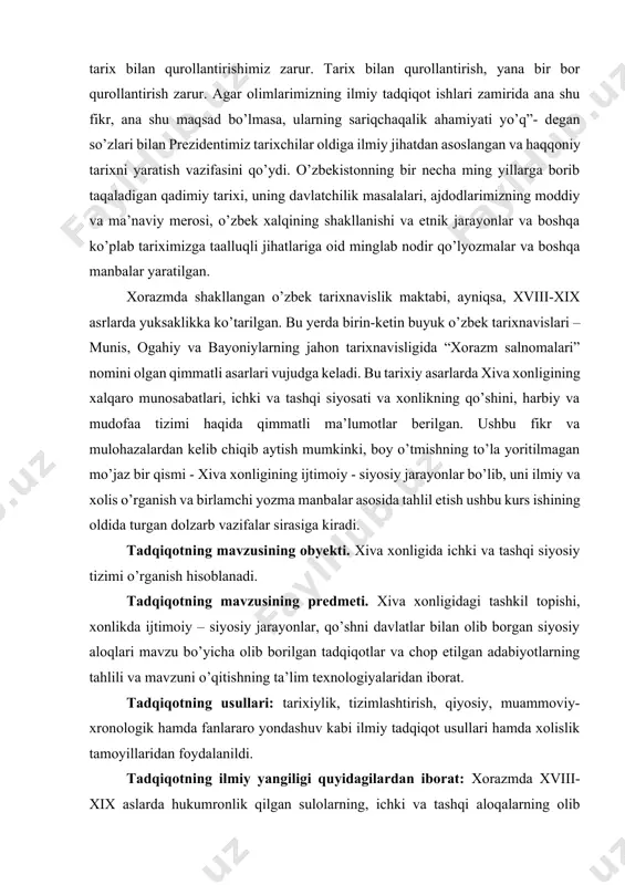 ini o’rganishdir. kurs ishi bo’yicha adabiyotlar sharhi (tahlili). ilmiy adabiyotlarning tahlili shuni ko‘rsatadiki, xiva xonligining xix asrning ikkinchi yarmi - xx asr 20-30 yillari davrida shu kunga qadar maxsus o`rganish obyekti sifatida alohida tadqiq etilmagan. xiva xonligi tarixi xix asrning ikkinchi yarmi - xx asrning 20-30 yillariga oid mahalliy tarixchilardan muhammad rizo erniyozbek o‘g‘li ogahiy “zubdat ut-tavorix” “shohid ul-iqbol”[footnoteref:2] va muhammad yusuf bayoniy “shajarayi xorazmshohiy”[footnoteref:3], “xorazm tarixi”, sayyid homid to‘ra kamyob “tavorix ul-xavonin”[footnoteref:4] nomli birlamchi manbalarda muarrixlarning o`zi tarix jarayonida yuz bergan voqeotlarni ko`rib, eshitib yozganligi bilan qimmatlidir. sovet davrida bu yo‘nalishdagi dastlabki tadqiqotlar p.p. ivanov va m.y. yo‘ldoshevga tegishli bo‘lib, tadqiqotchilar xiva xonlari arxivi hujjatlaridagi ma'lumotlarni o‘rganganlar va nashr etganlar[footnoteref:5]. ushbu tadqiqotlarning so‘z boshisida tarixshunoslik tahlili berilgan. bundan tashqari, asarga hujjatlar, ularga berilgan izohlar va ko‘rsatkichlar ham kiritilgan. b.v.lunin tomonidan esa, rus sharqshunosligida o‘rta osiyo xonliklarining o‘rganilishi, rossiyalik tadqiqotchilar olib borgan izlanishlar natijalari va tahliliy fikrlari taqdim etilgan[footnoteref:6]. xx …